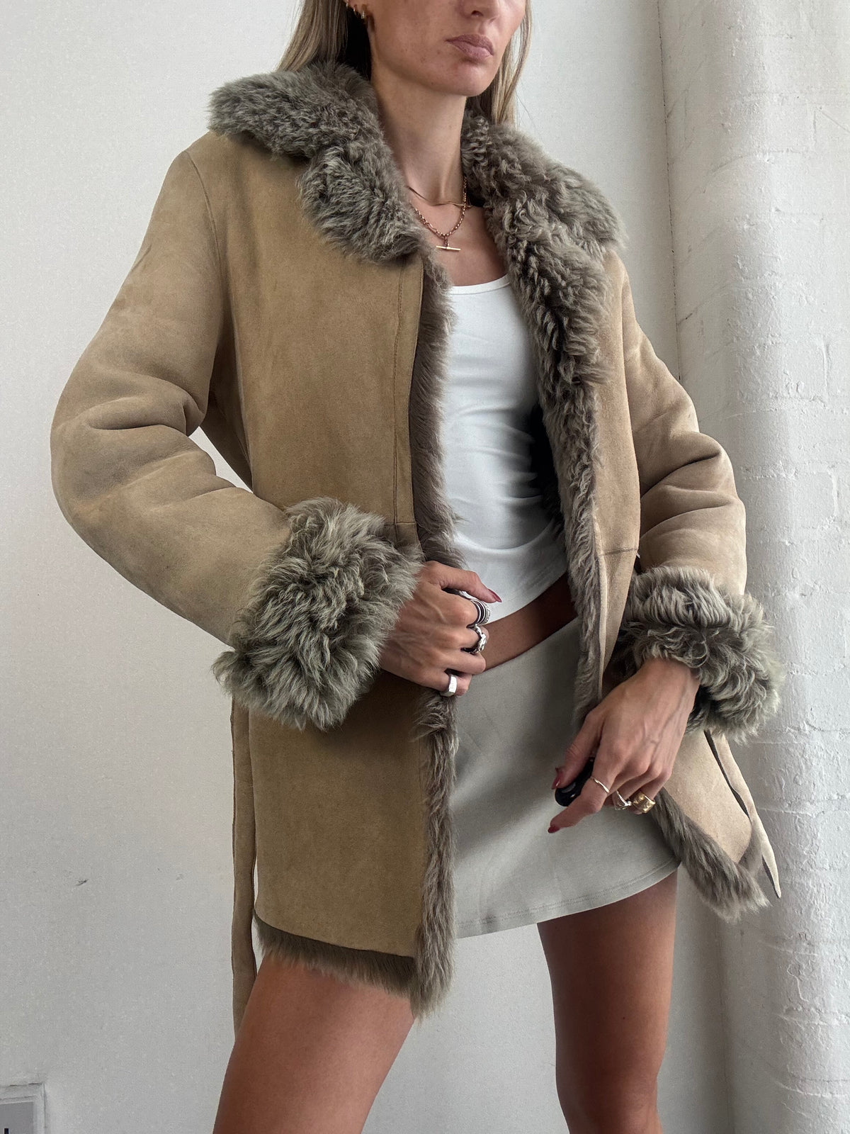 Vintage Y2K Beige Suede Sheepskin  Fur Trim Belted Afghan Coat - Size XS