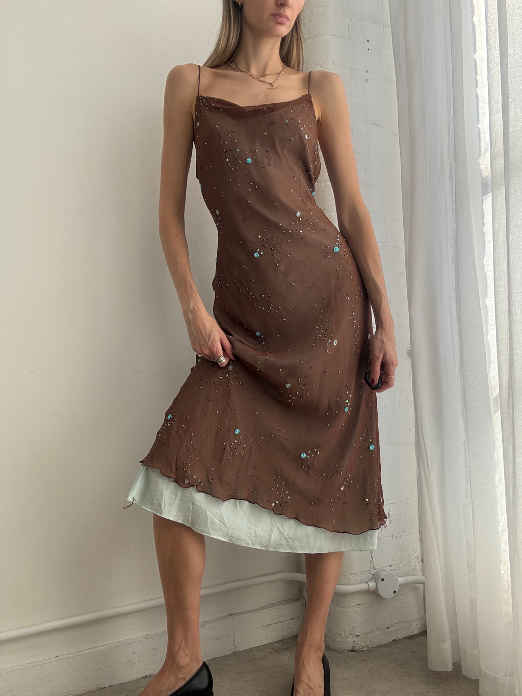 Vintage Y2K brown & blue cowl neck mesh slip dress