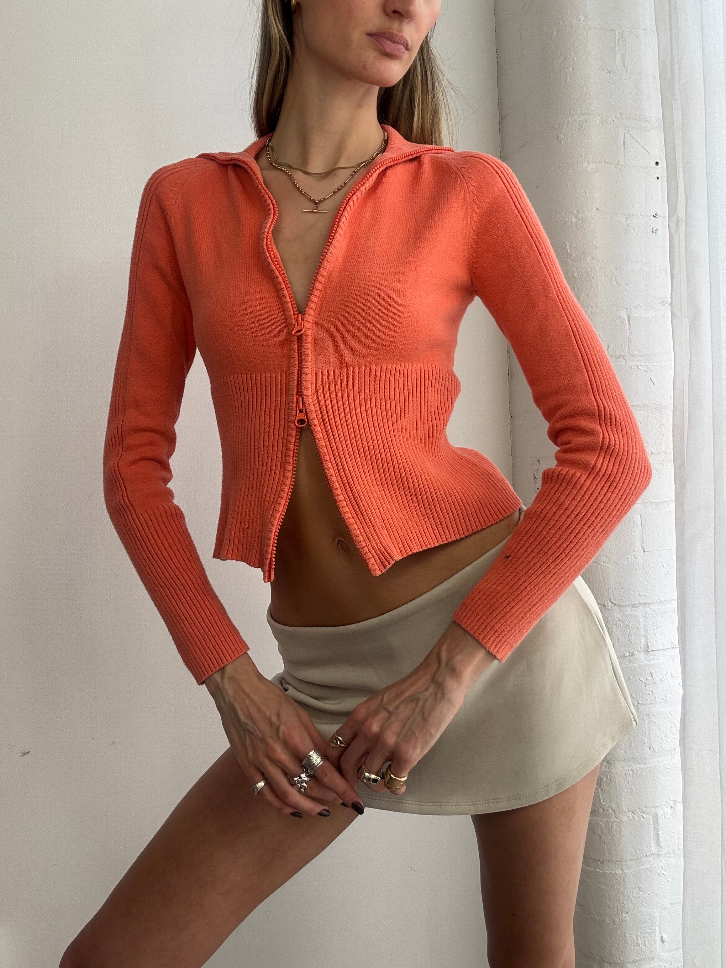 Vintage Y2K coral zip-up knit cardigan - Size S