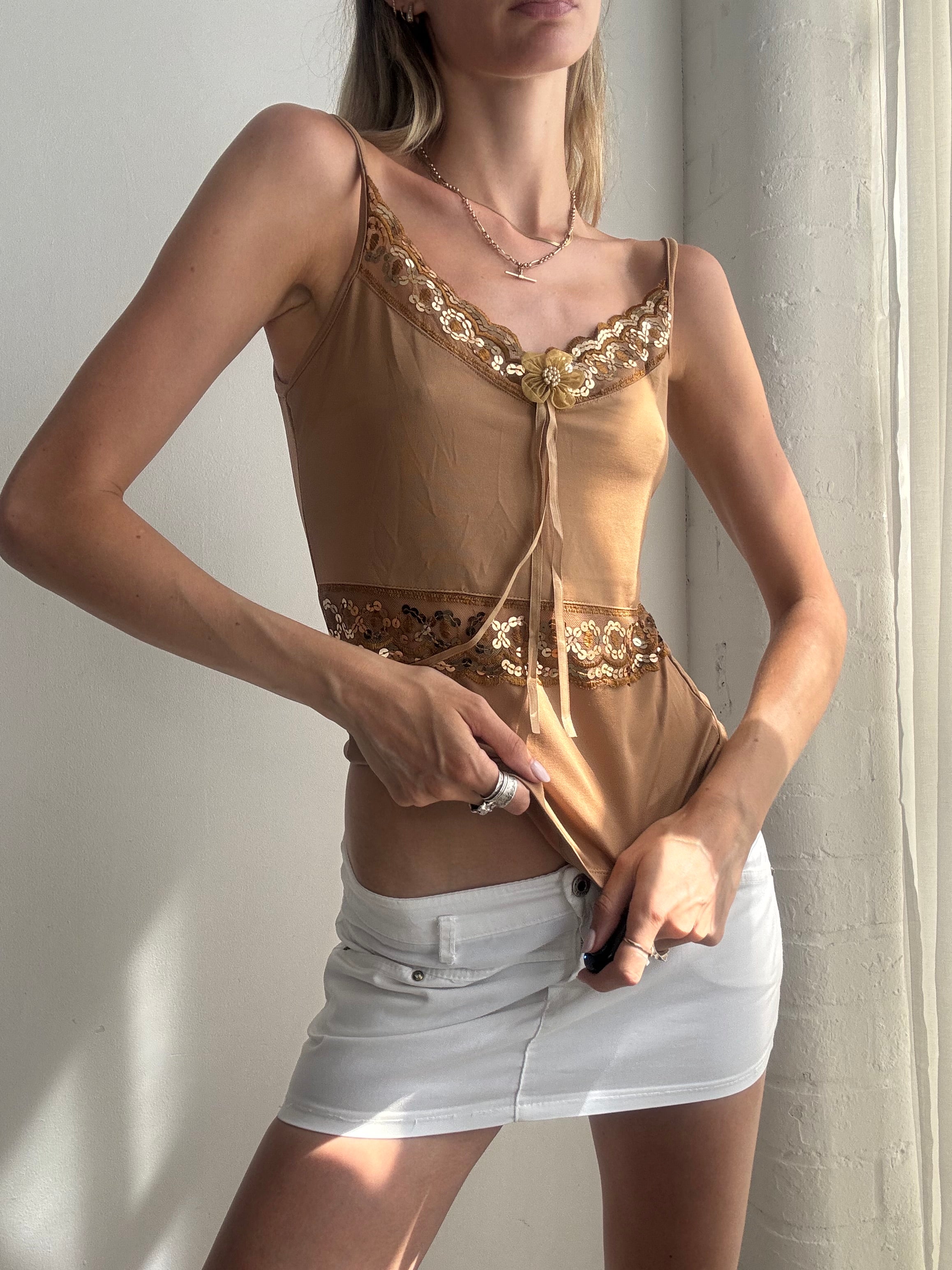 Vintage Y2K Bronze Embellished Sequin Cami Top - Size S