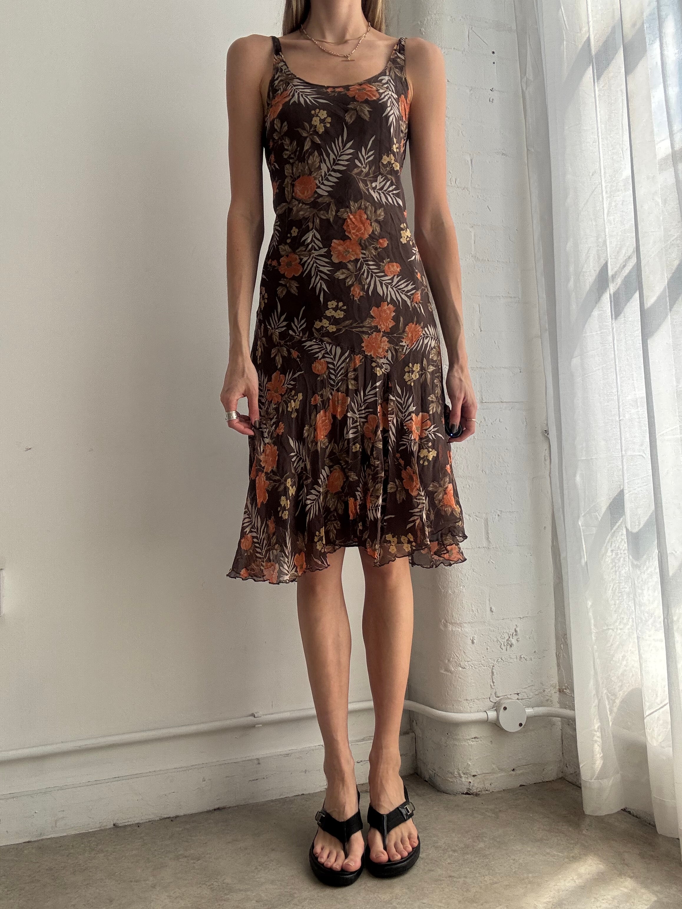 Vintage Y2k floral ruffle hem silk midi dress - Size S/M