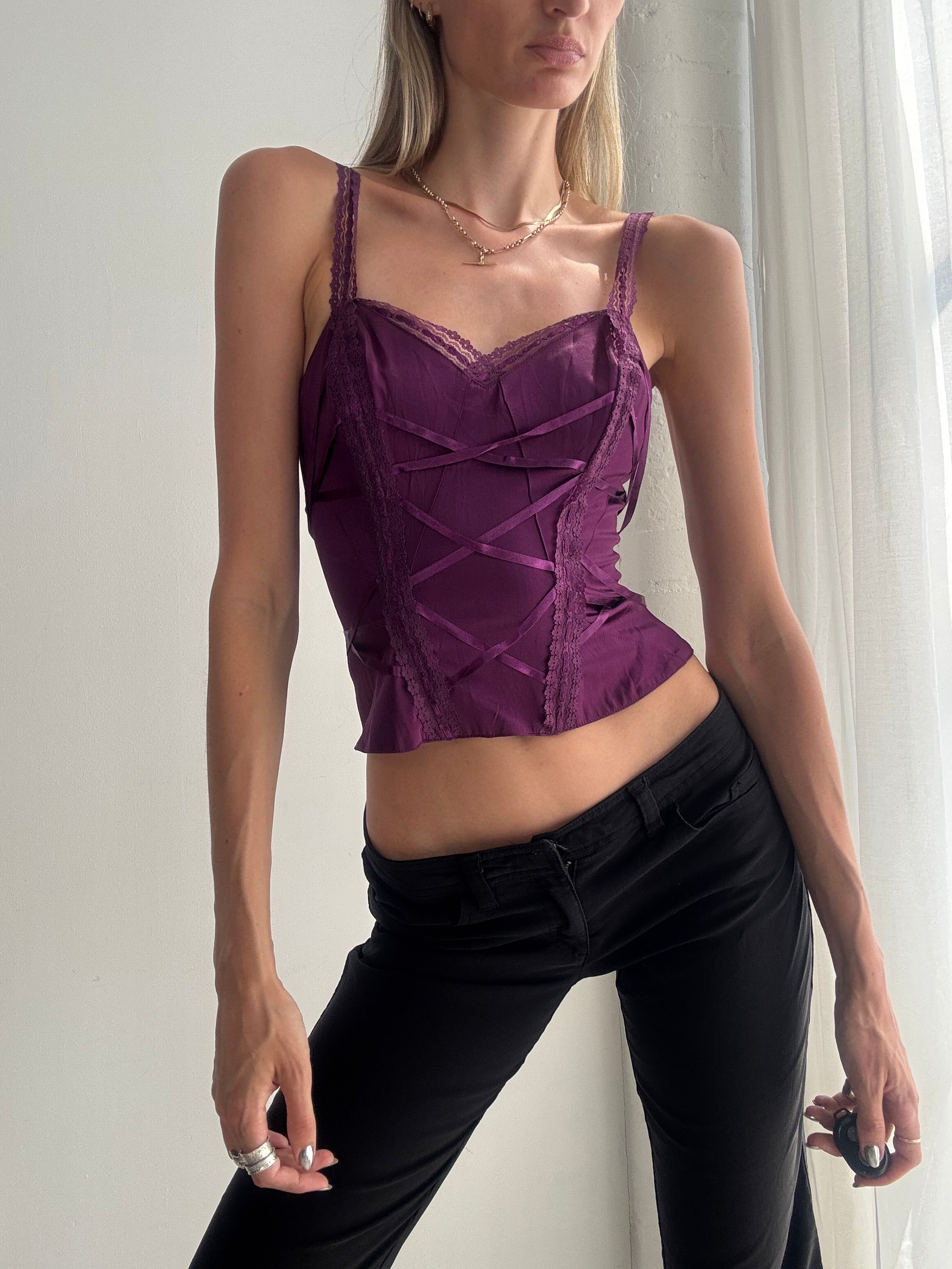 Vintage Y2K Bebe Purple Satin Corset Cami Top – Lace Up Bustier Top - Size XXS