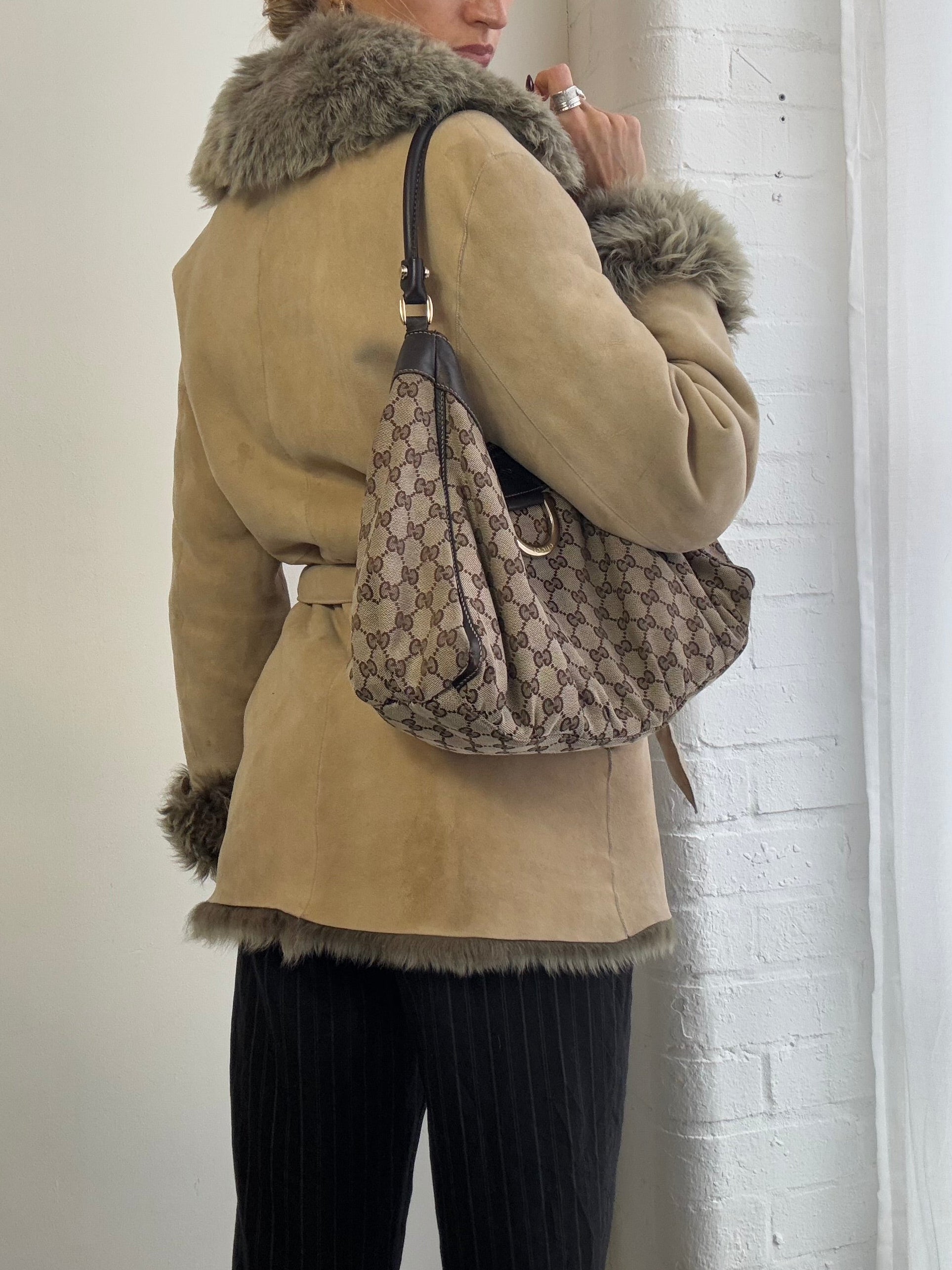 Vintage genuine sheepskin suede coat belted