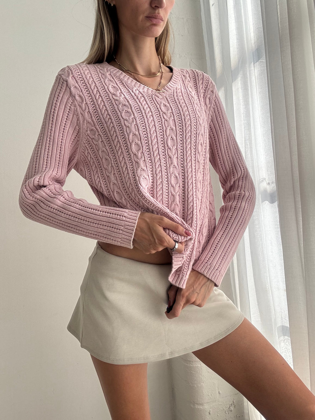 Vintage Y2K Baby Pink Cable Knit V Neck Jumper - Size M