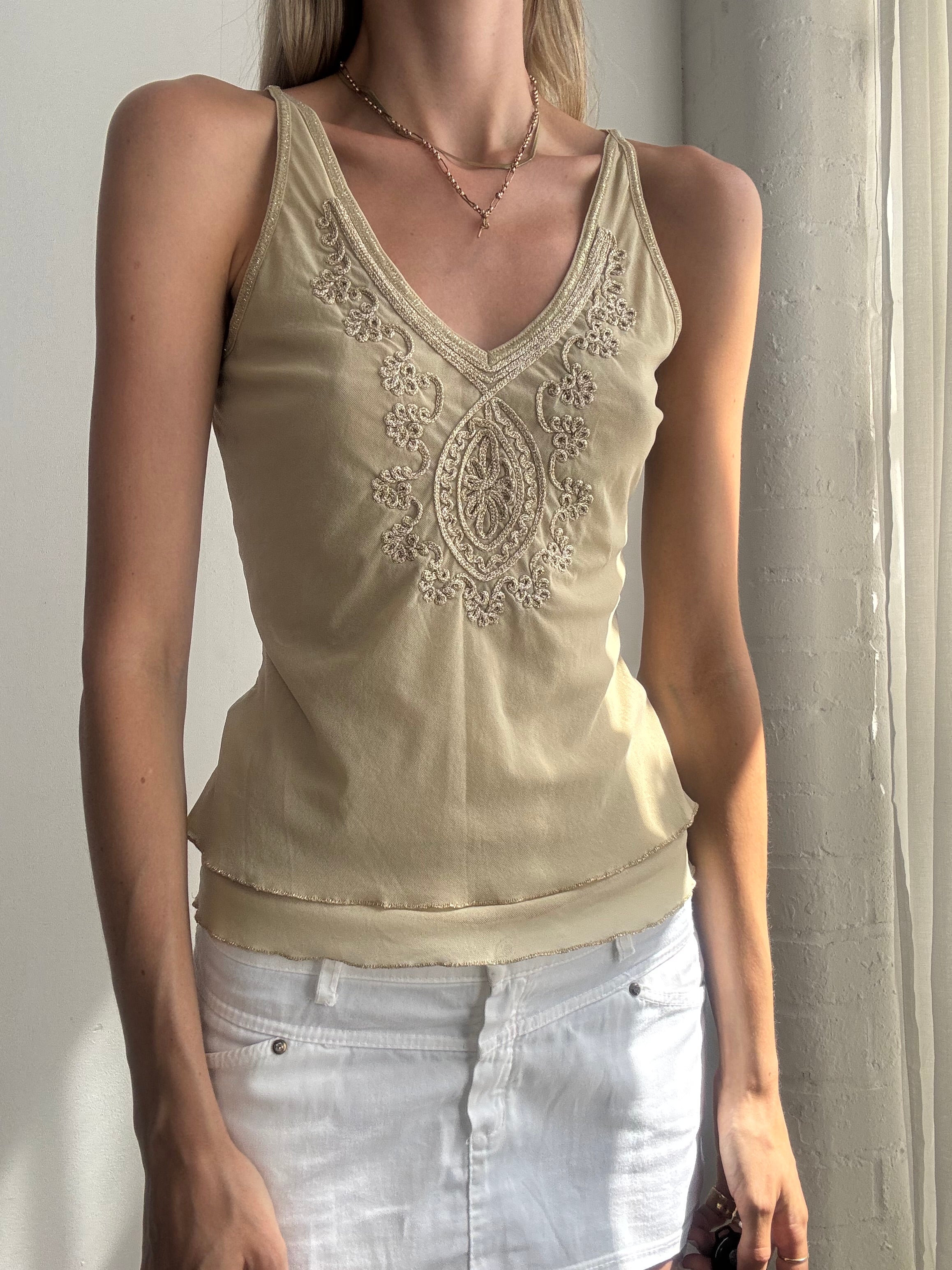 Vintage Y2K Embroidered Crochet Cami Top - Size M