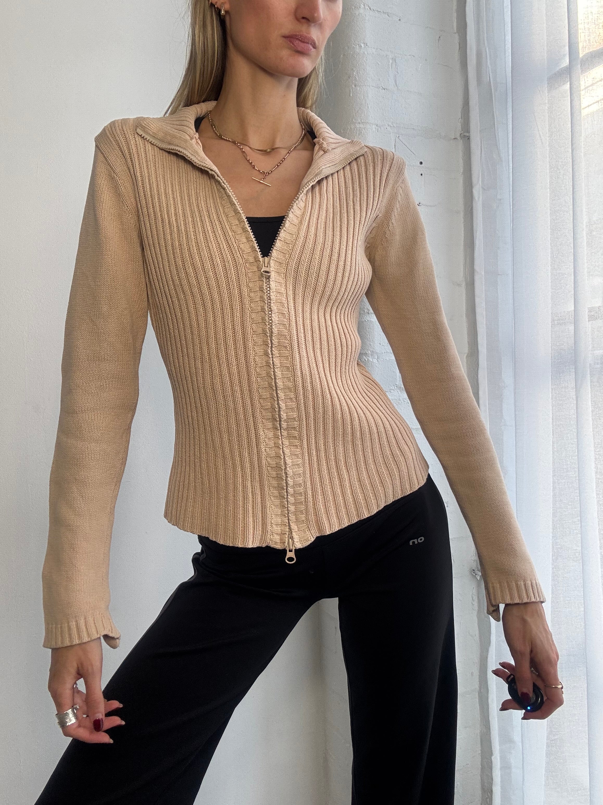 Vintage Y2K ribbed knitted dual zip jumper beige