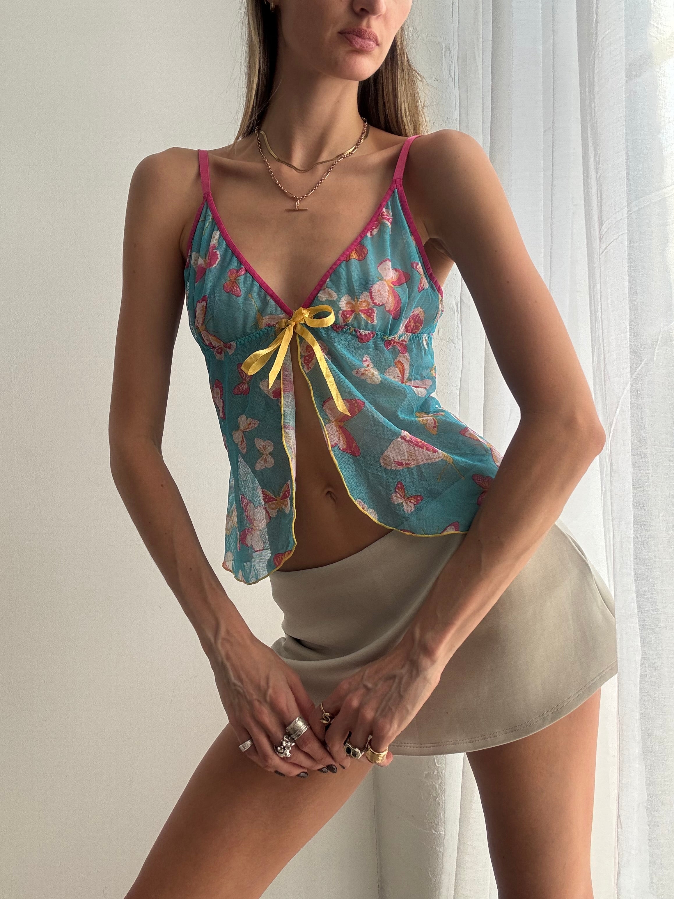 Vintage Y2K butterfly mesh tie front cami top - Size M