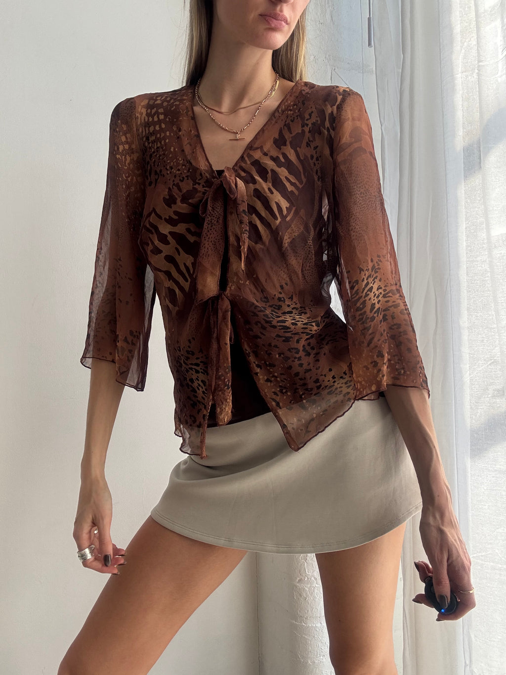 Vintage Y2K brown sheer animal print tie blouse - Size M
