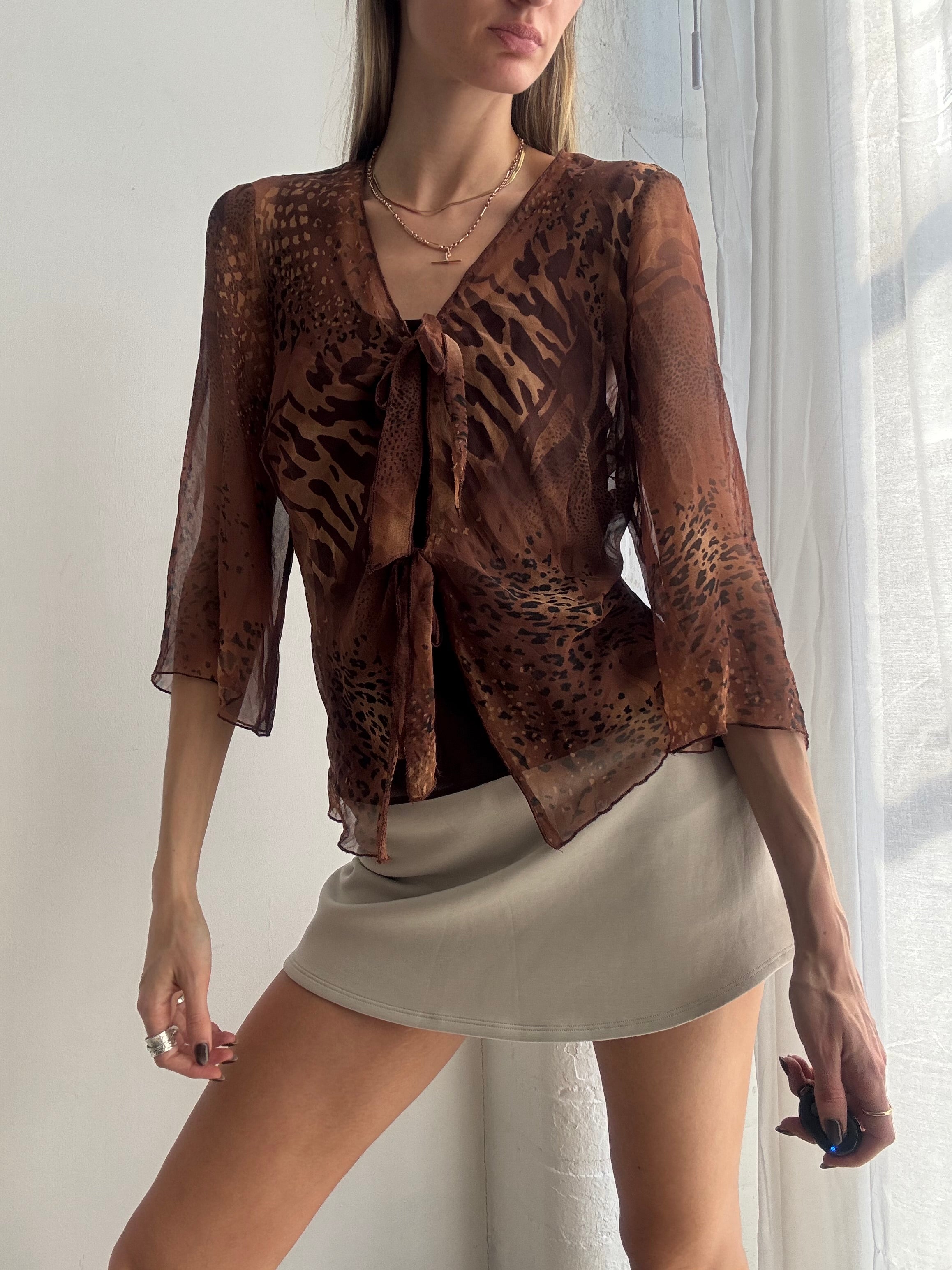 Vintage Y2K brown sheer animal print tie blouse - Size M
