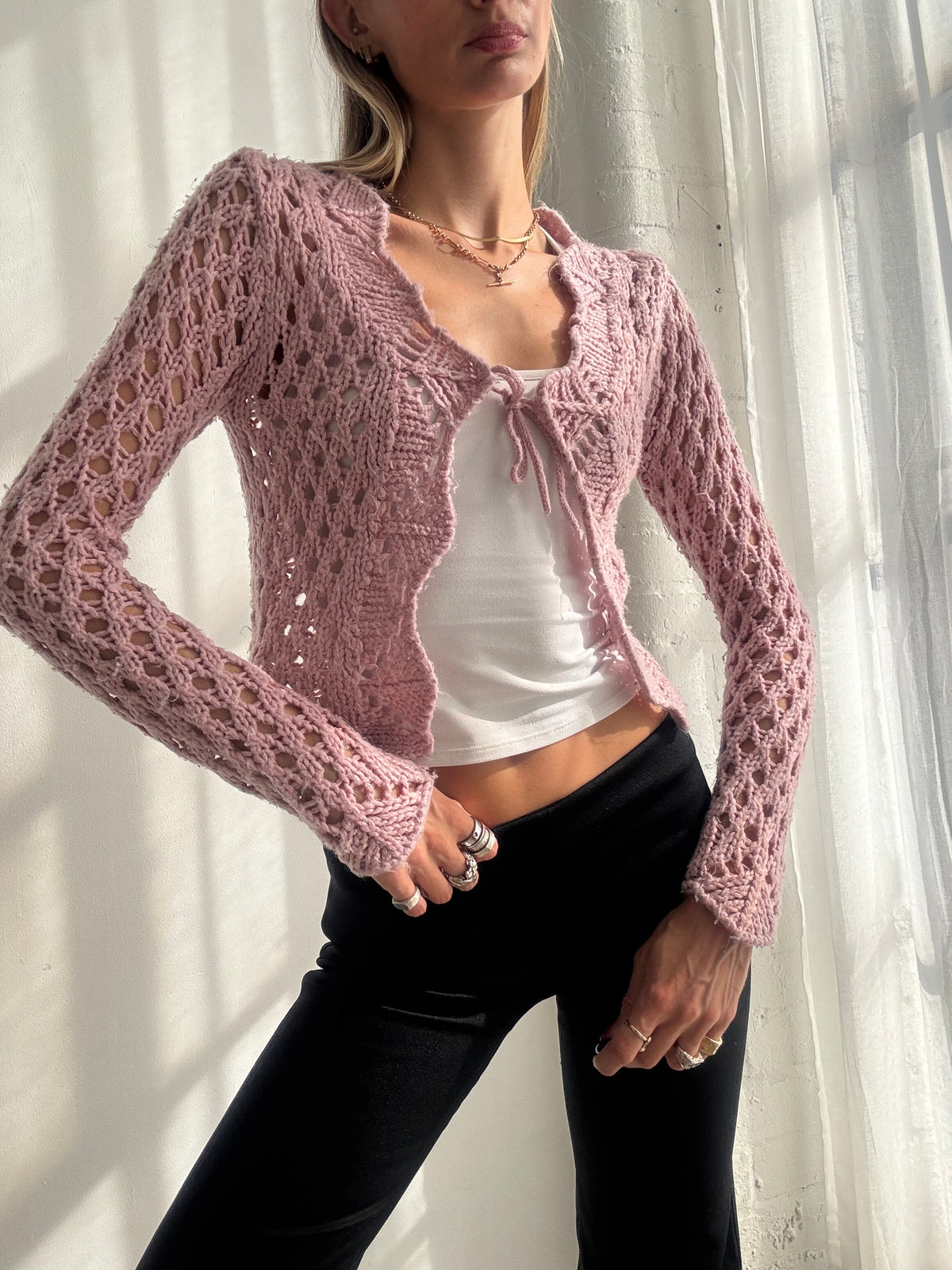 Vintage Y2K Dusty Pink Crochet Tie Front Cardigan - Size XS-S