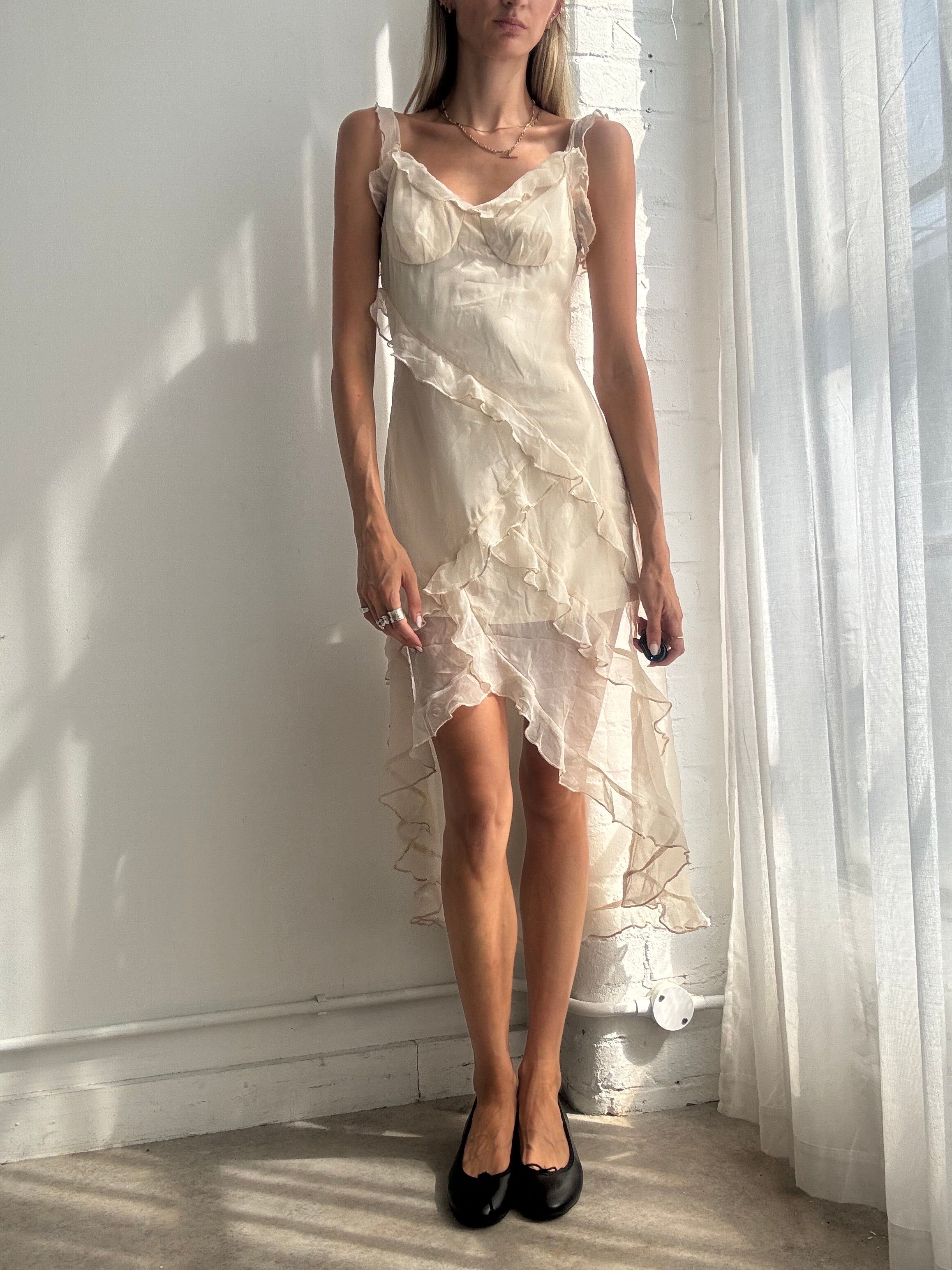 Vintage Y2K Ivory Fairy Ruffle Slip Dress - Size S