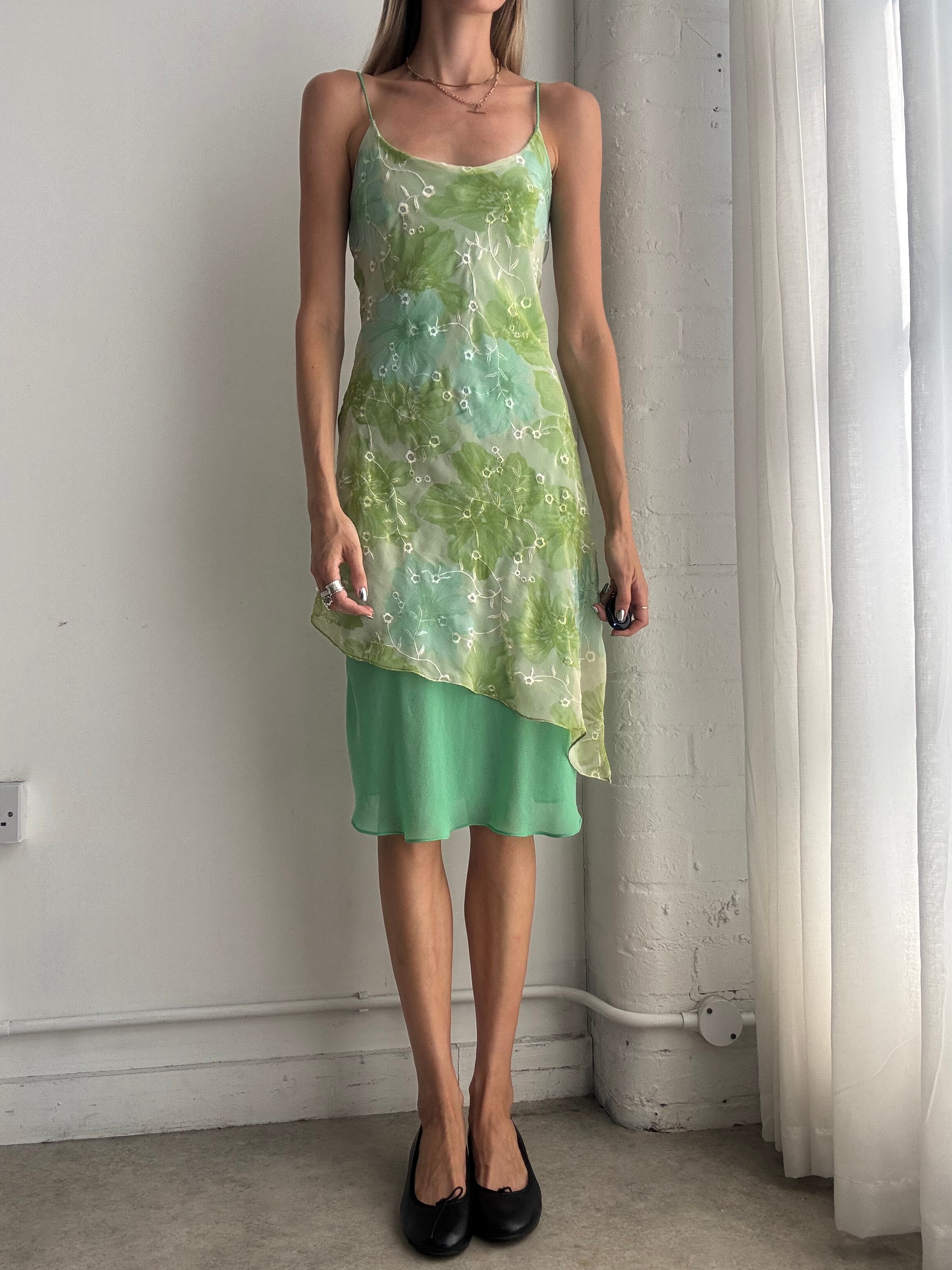 Vintage Y2K Green Embroidered Floral Mesh Layered Slip Midi Dress –  Size S