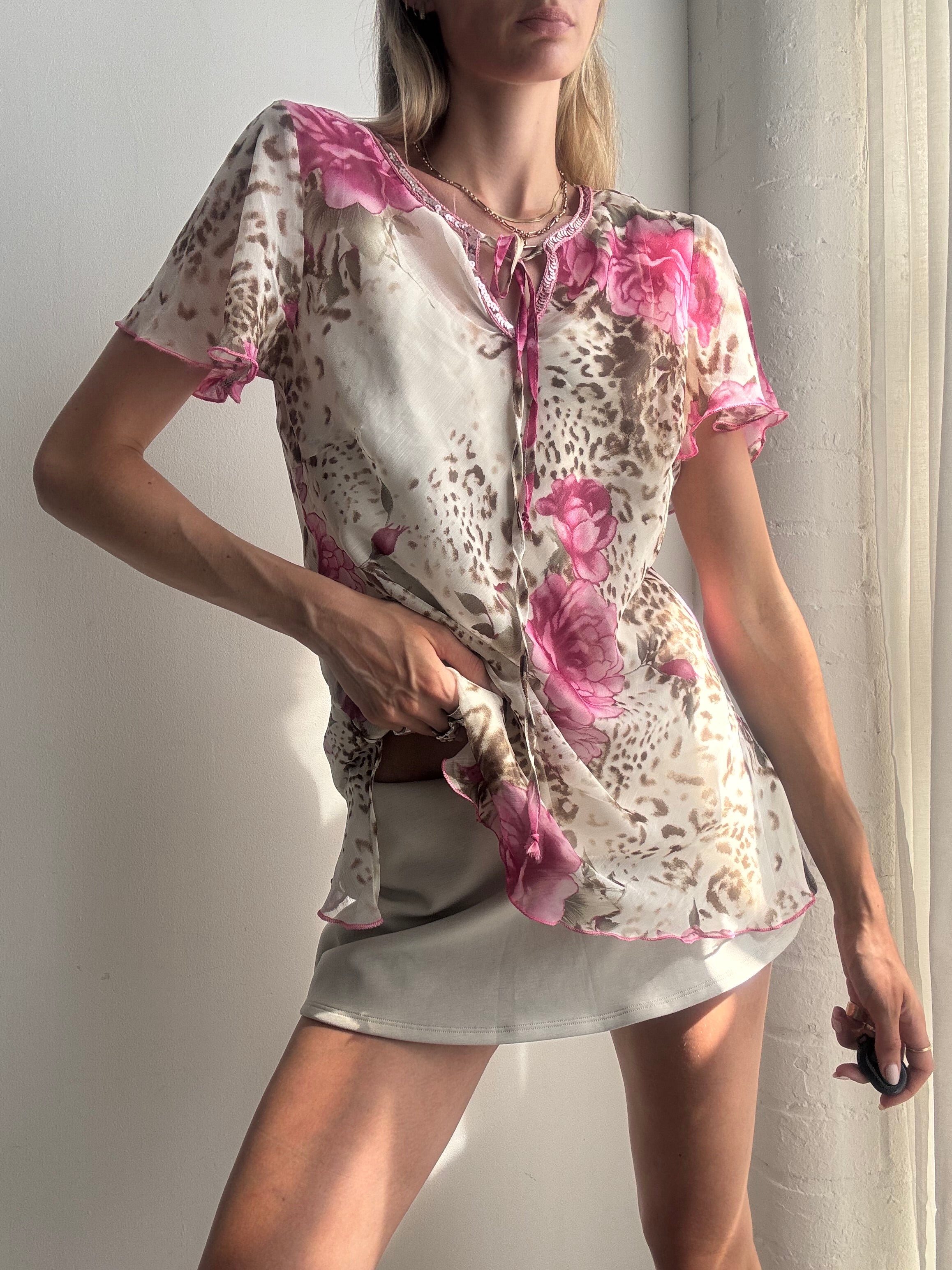 Vintage Y2K Floral Leopard Mesh Top Sequins - Size S/M