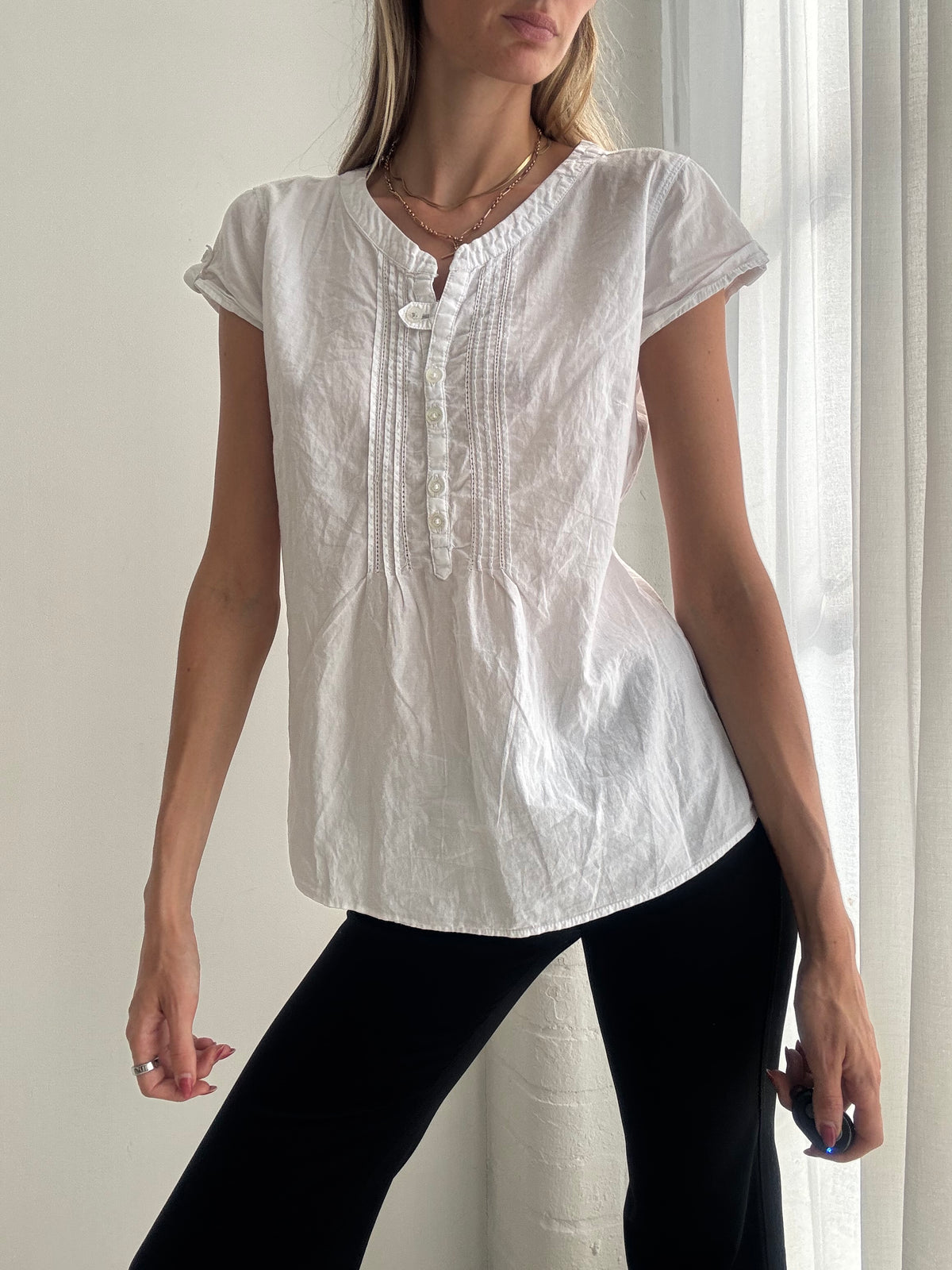 Vintage Y2K White Cotton Short Sleeve Blouse - Size S