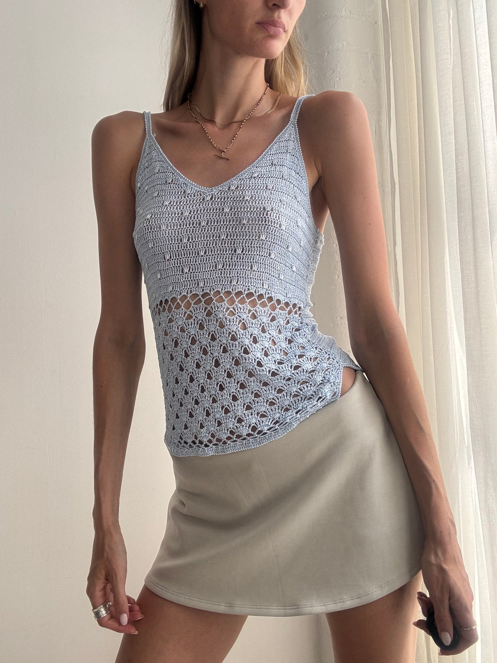 Vintage Y2K Baby Blue Crochet Knit Beaded Cami Top - Size S/M