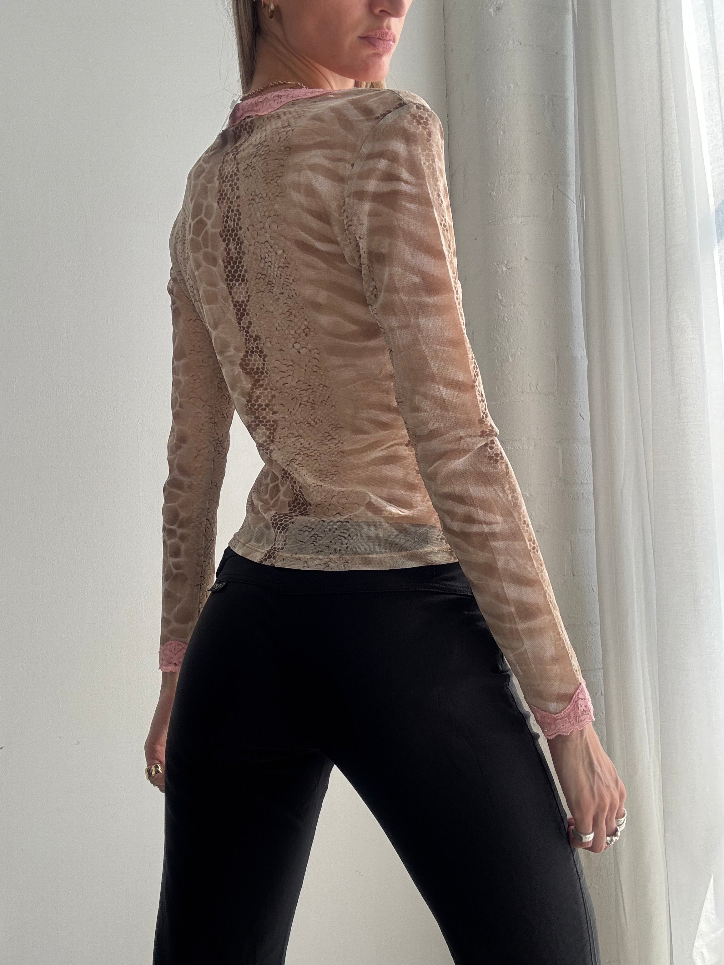 Vintage Y2K Sheer Animal Print Lace Cardigan Top – Pink Trim Mesh Long Sleeve - Size S