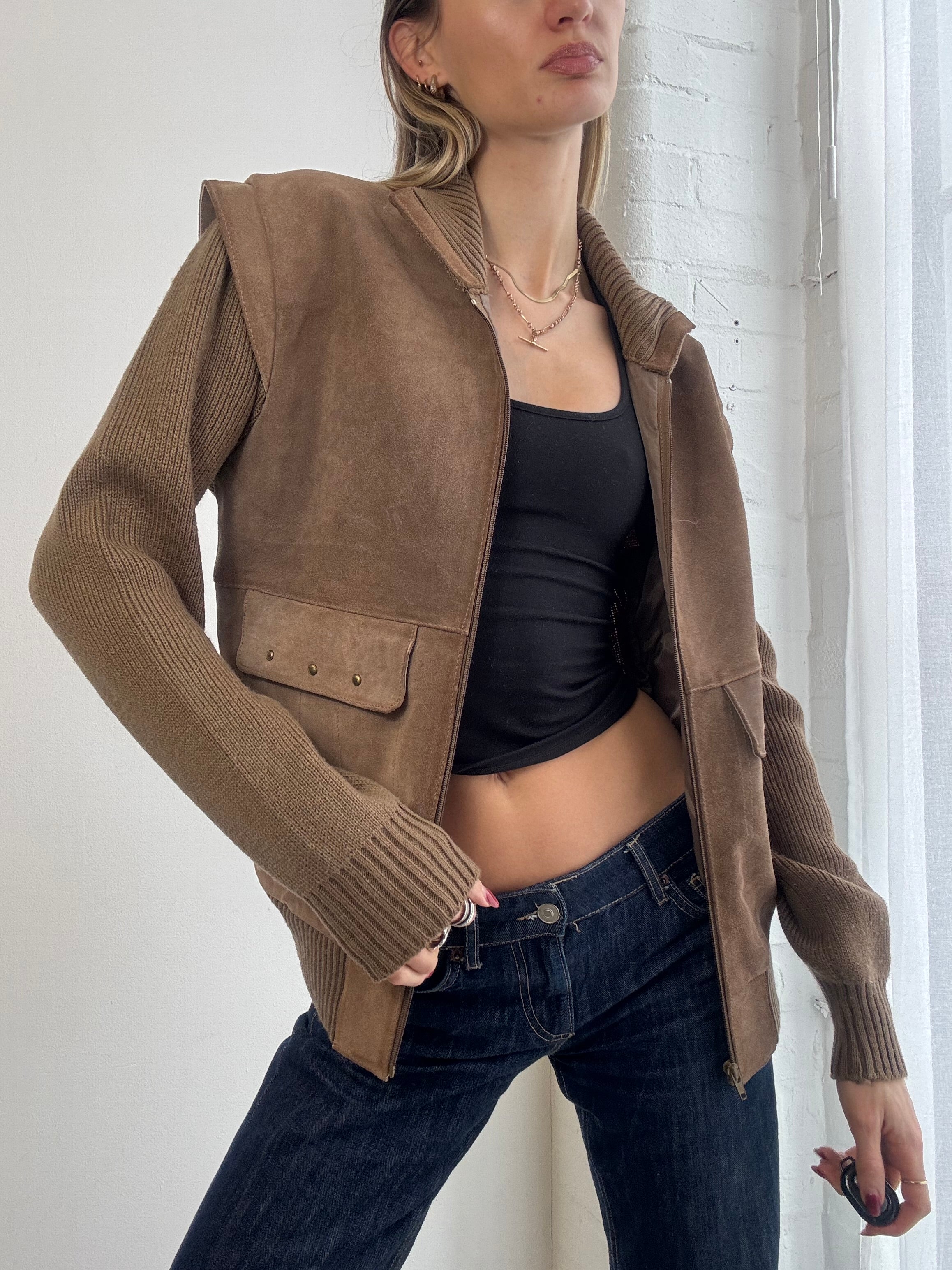 Vintage Y2K brown suede and knit zip jacket