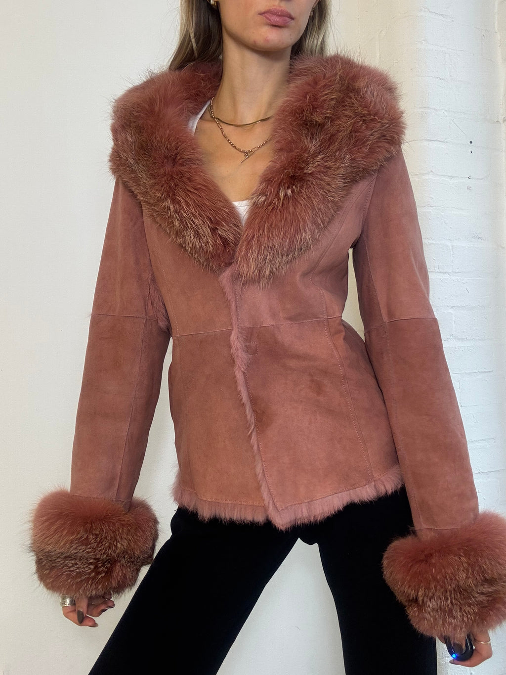Vintage Y2K Morgan De Toi Dusty Pink Suede Fox Fur Trim Jacket - Size S