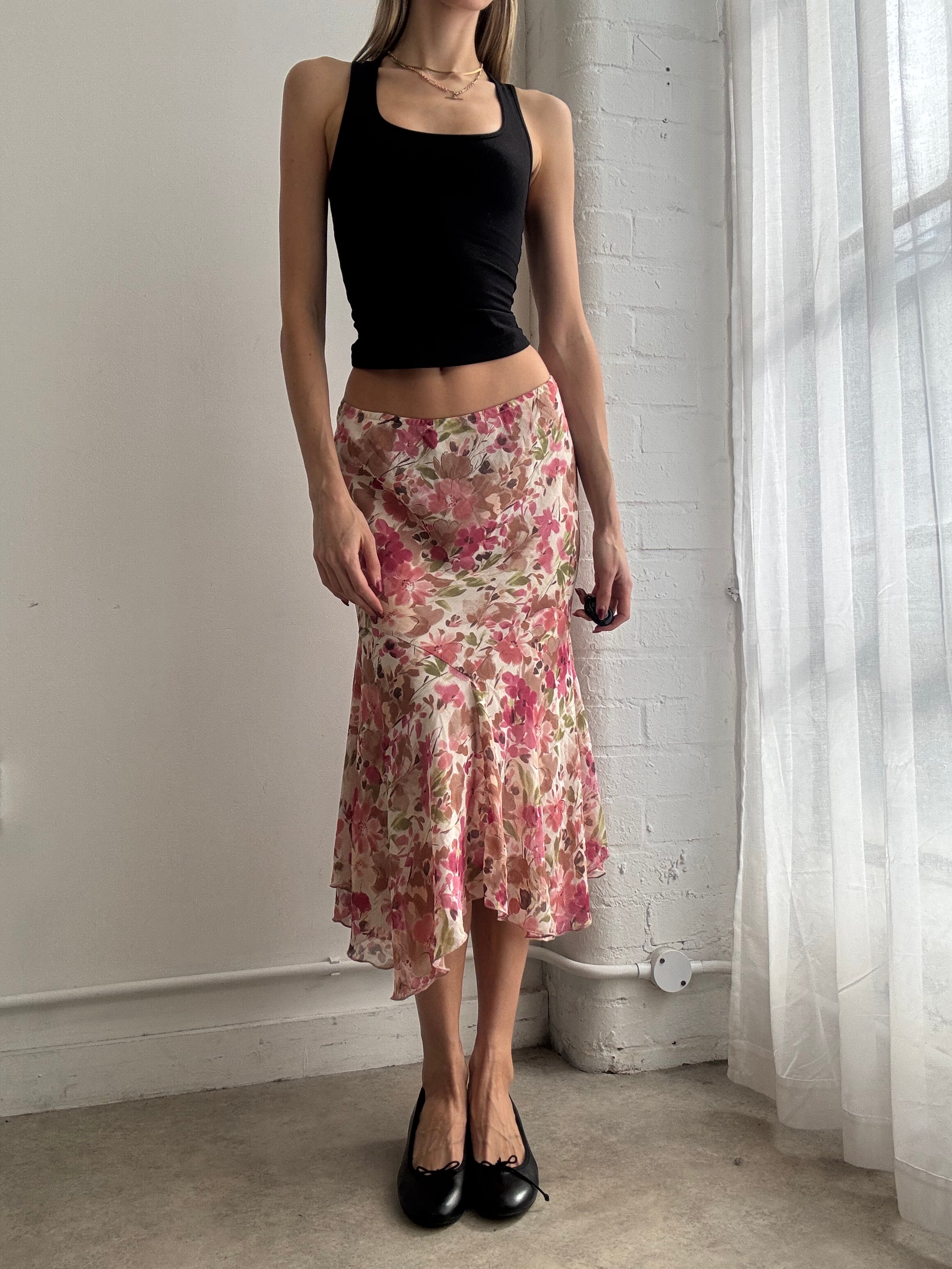 Vintage Y2K pink floral mesh asymmetric midi skirt