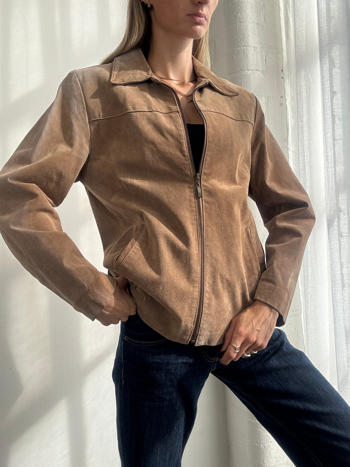Vintage Y2K Tan Brown Suede Zip Up Jacket - Size M