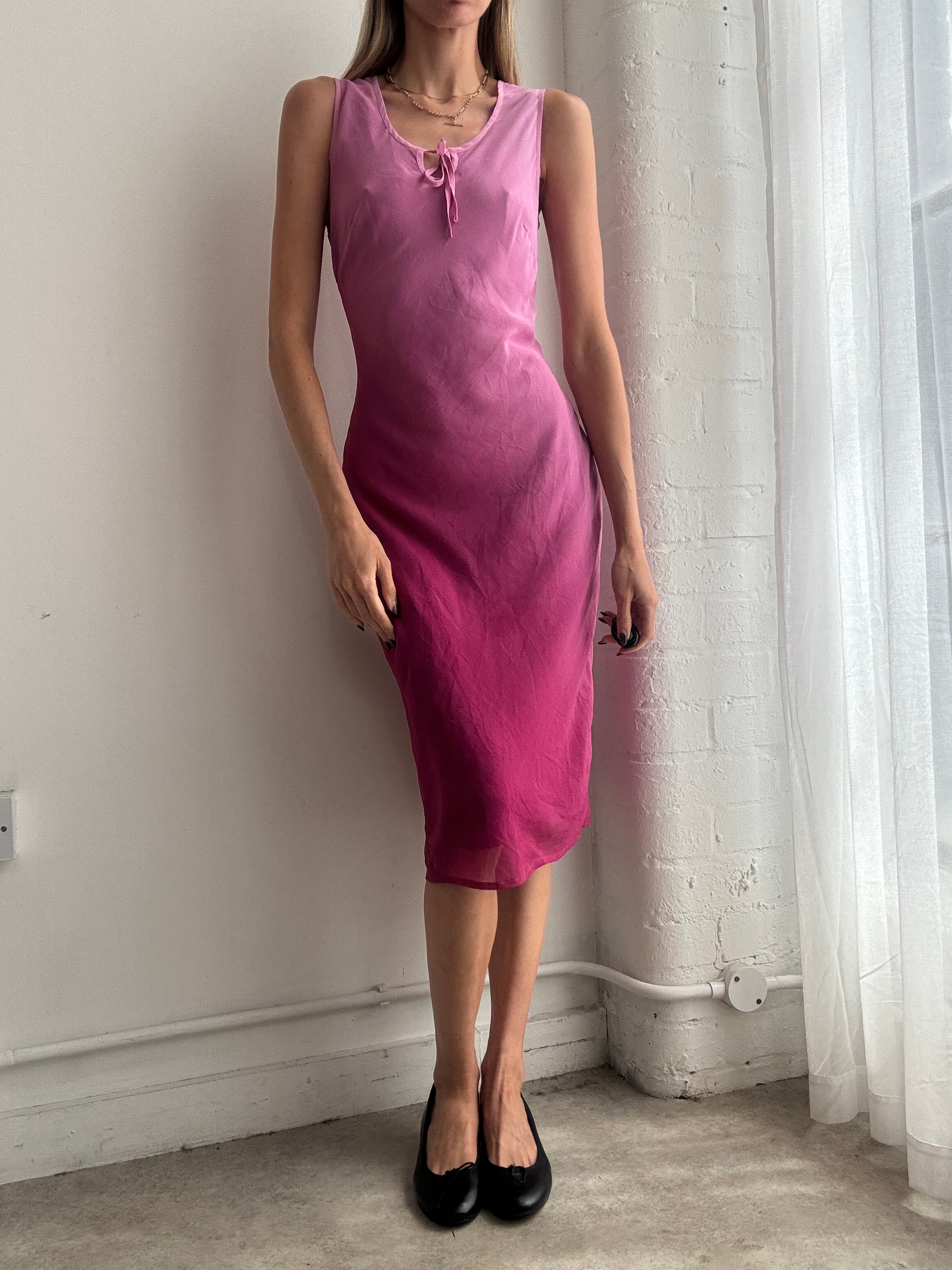 Vintage Y2K pink ombre mesh slip midi dress - Size S