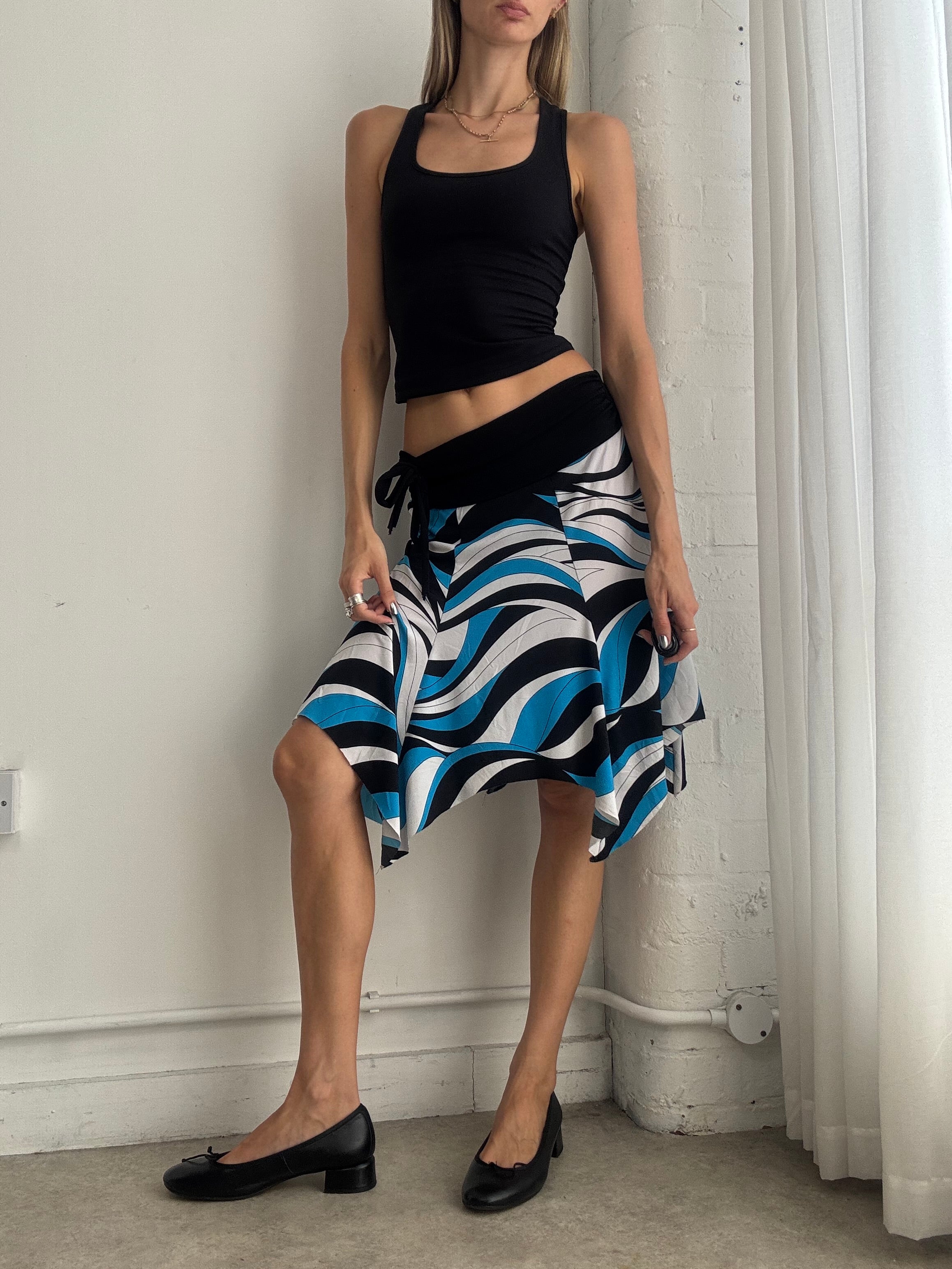 Vintage Y2K Abstract Print Handkerchief Midi Skirt – Blue Black Asymmetric Skirt - Size S