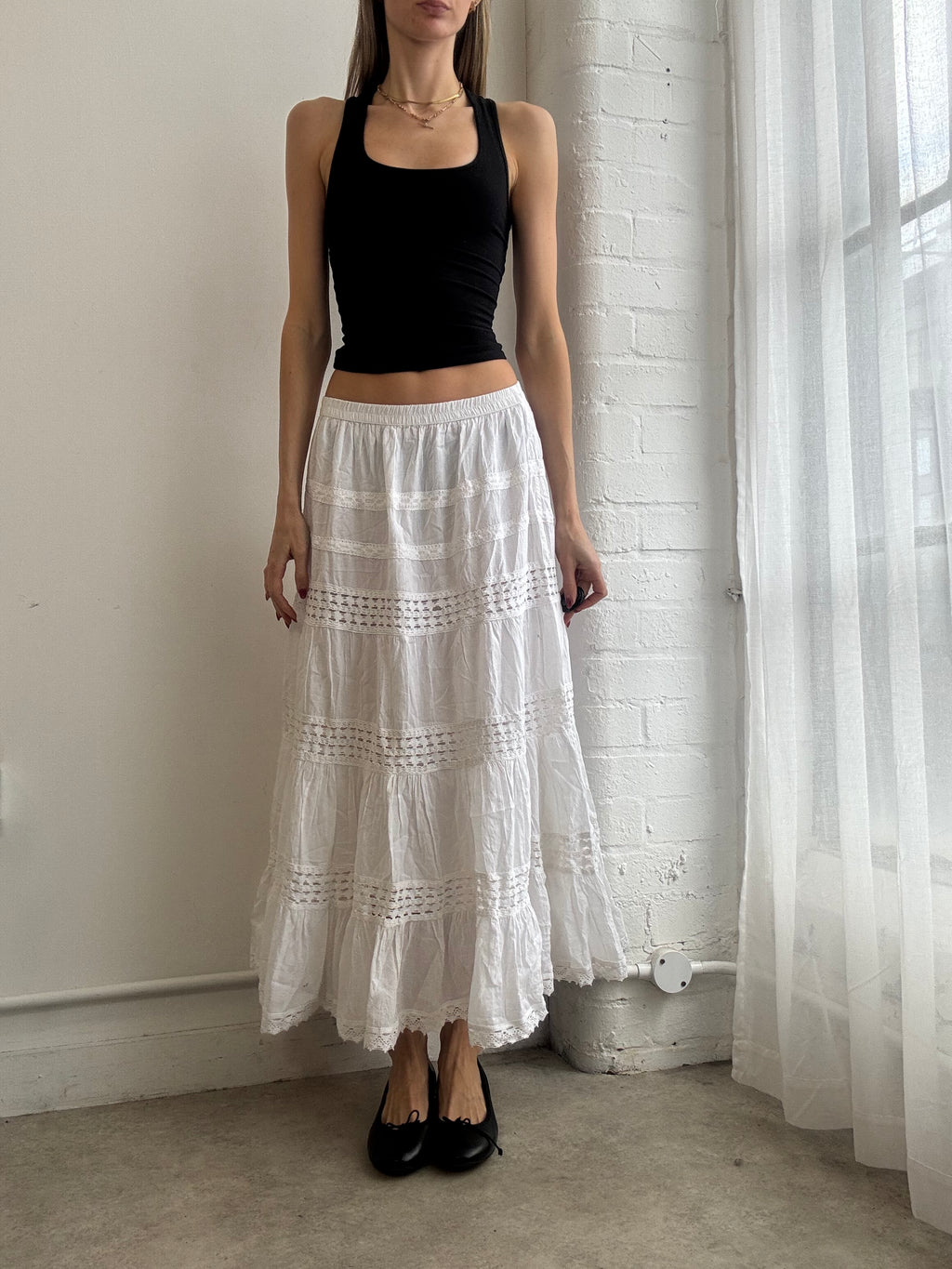 Vintage Y2K white tiered lace maxi skirt