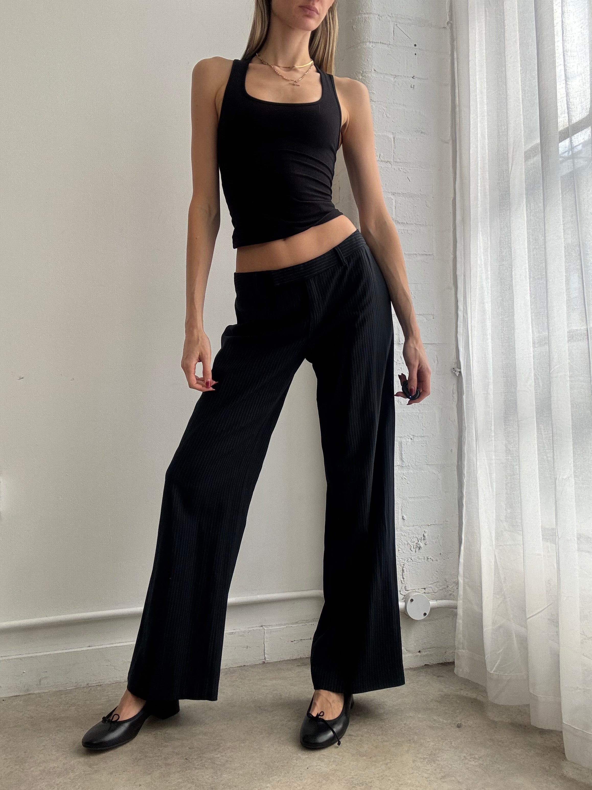 Vintage Y2K black pinstripe low rise wide leg trousers