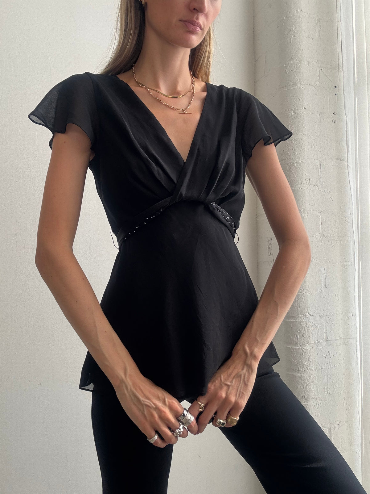 Vintage Y2K Black Chiffon Wrap Front Top - Size S