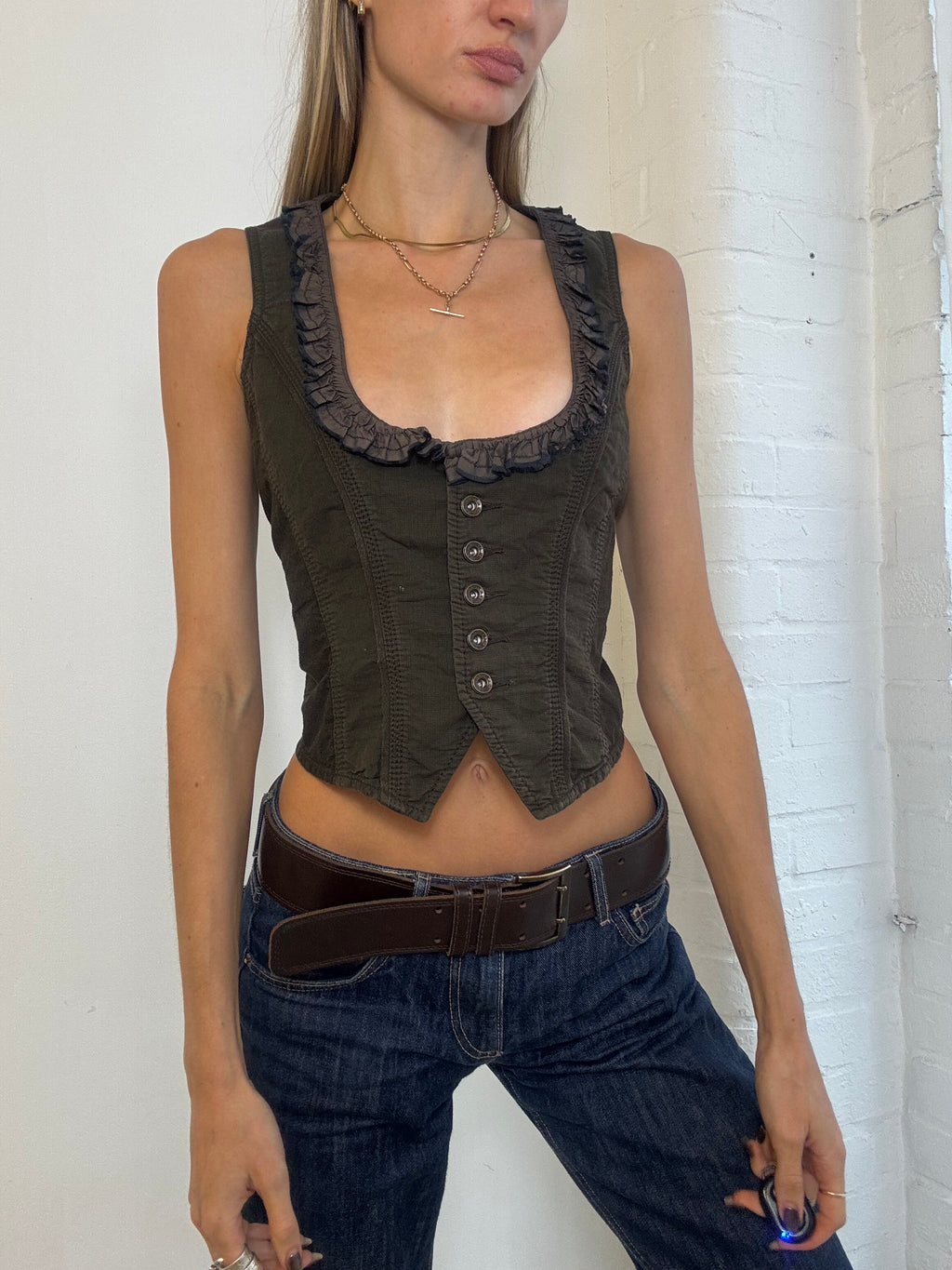 Vintage Y2K Mexx Dark Brown Ruffle Trim Waistcoat - Size M