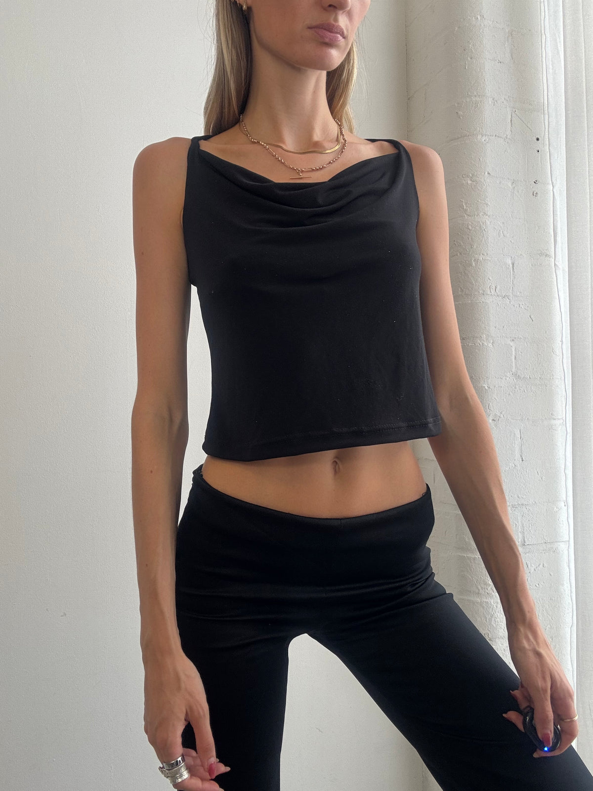 Vintage Y2K Black Cowl Neck Strappy Back Top - Size M