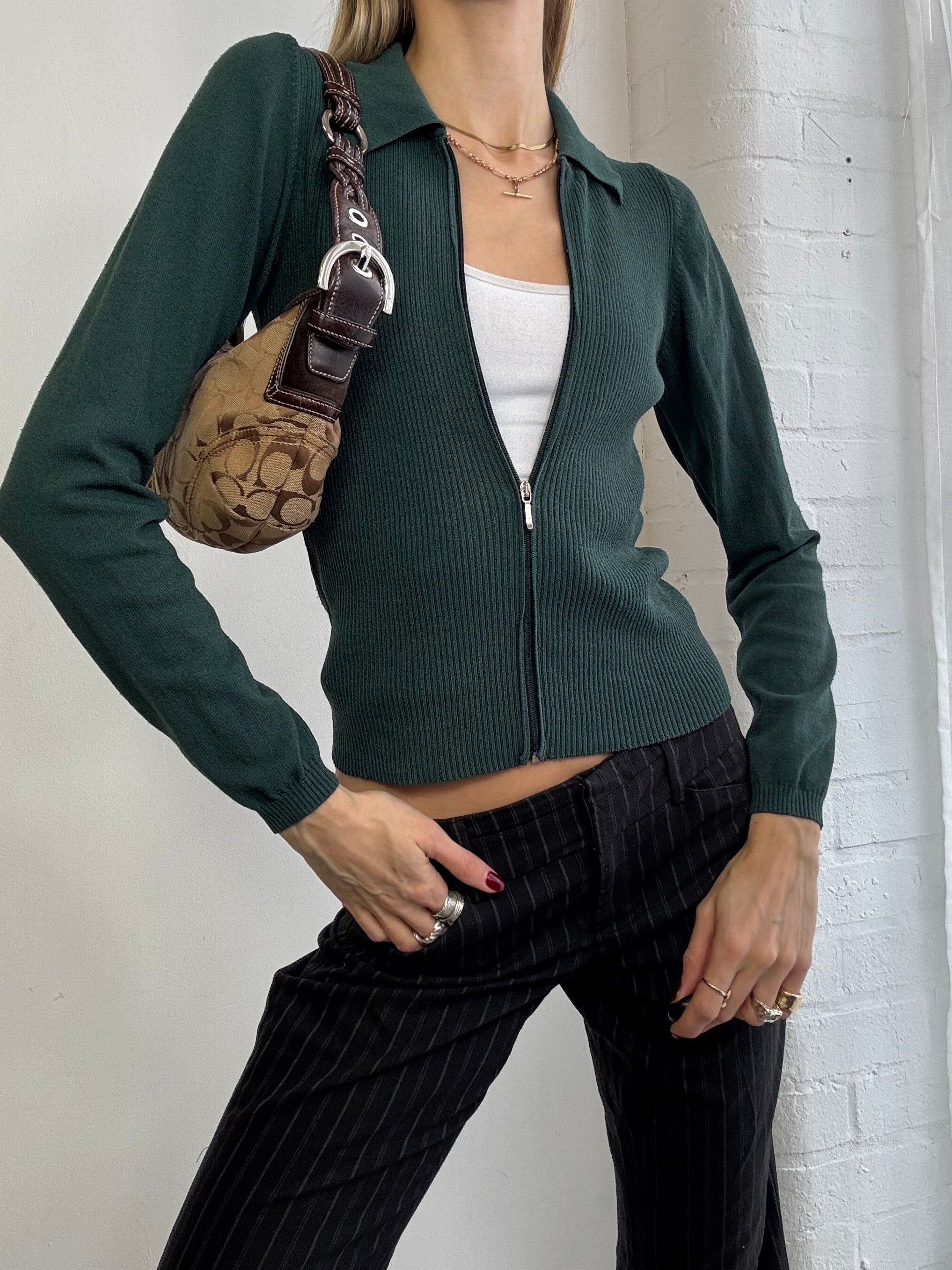 Vintage Y2K zip up ribbed jumper green