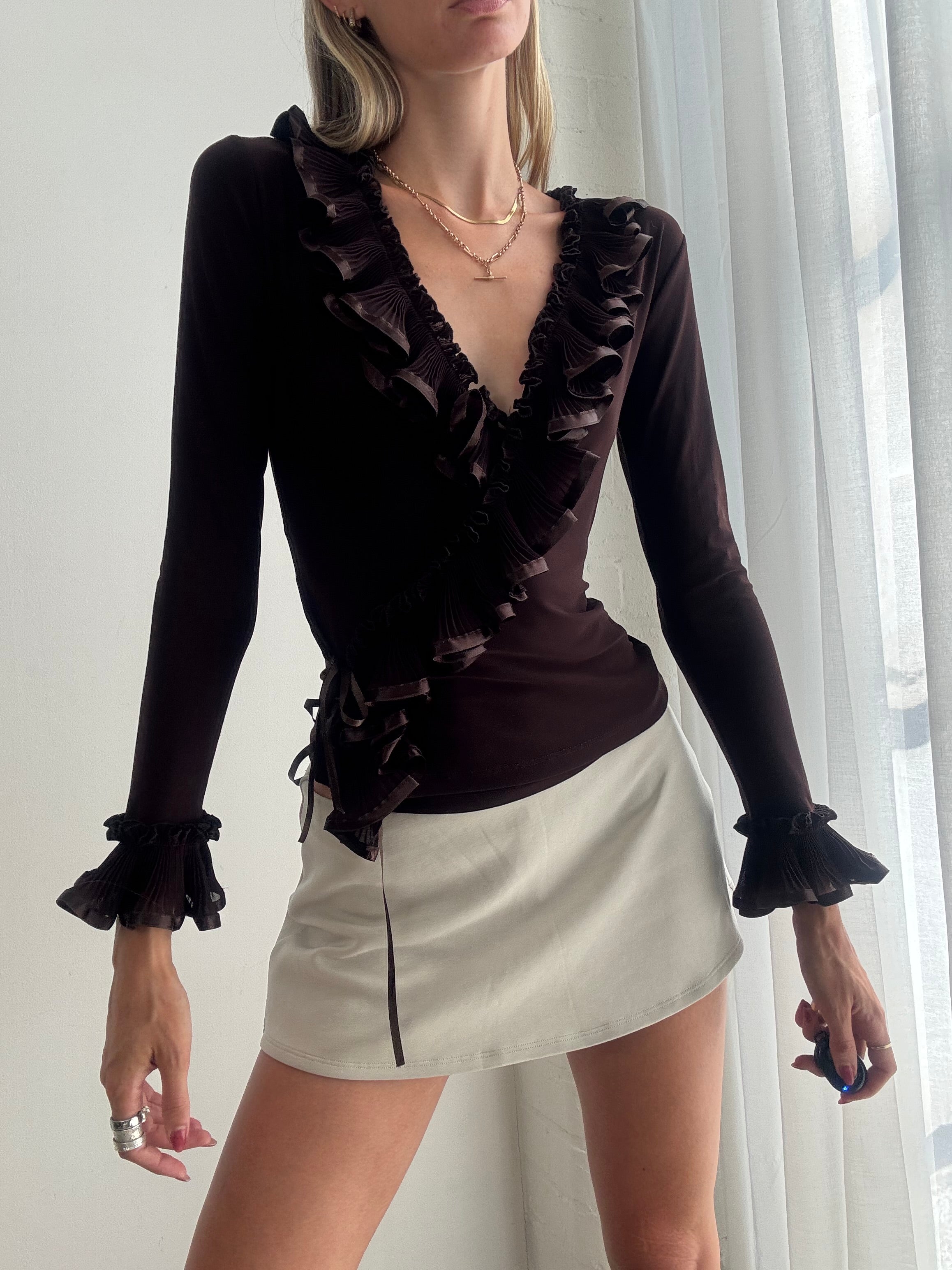 Vintage y2k Chocolate Brown Ruffle Wrap Top - Size XS-M