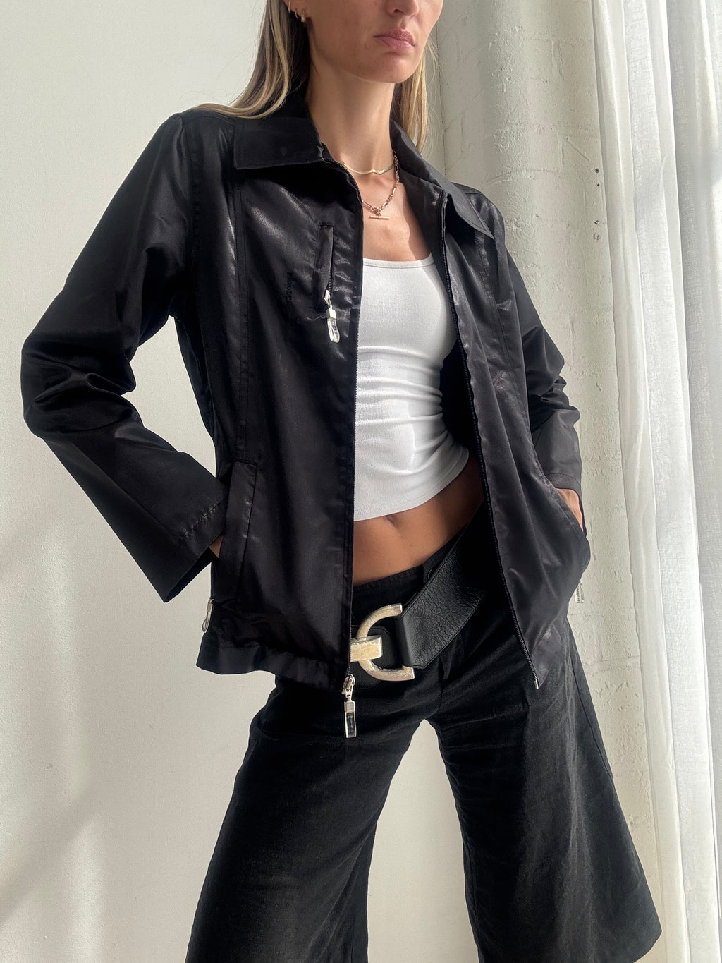 Vintage Y2K Black Satin Fitted Zip-Up Jacket - Size S