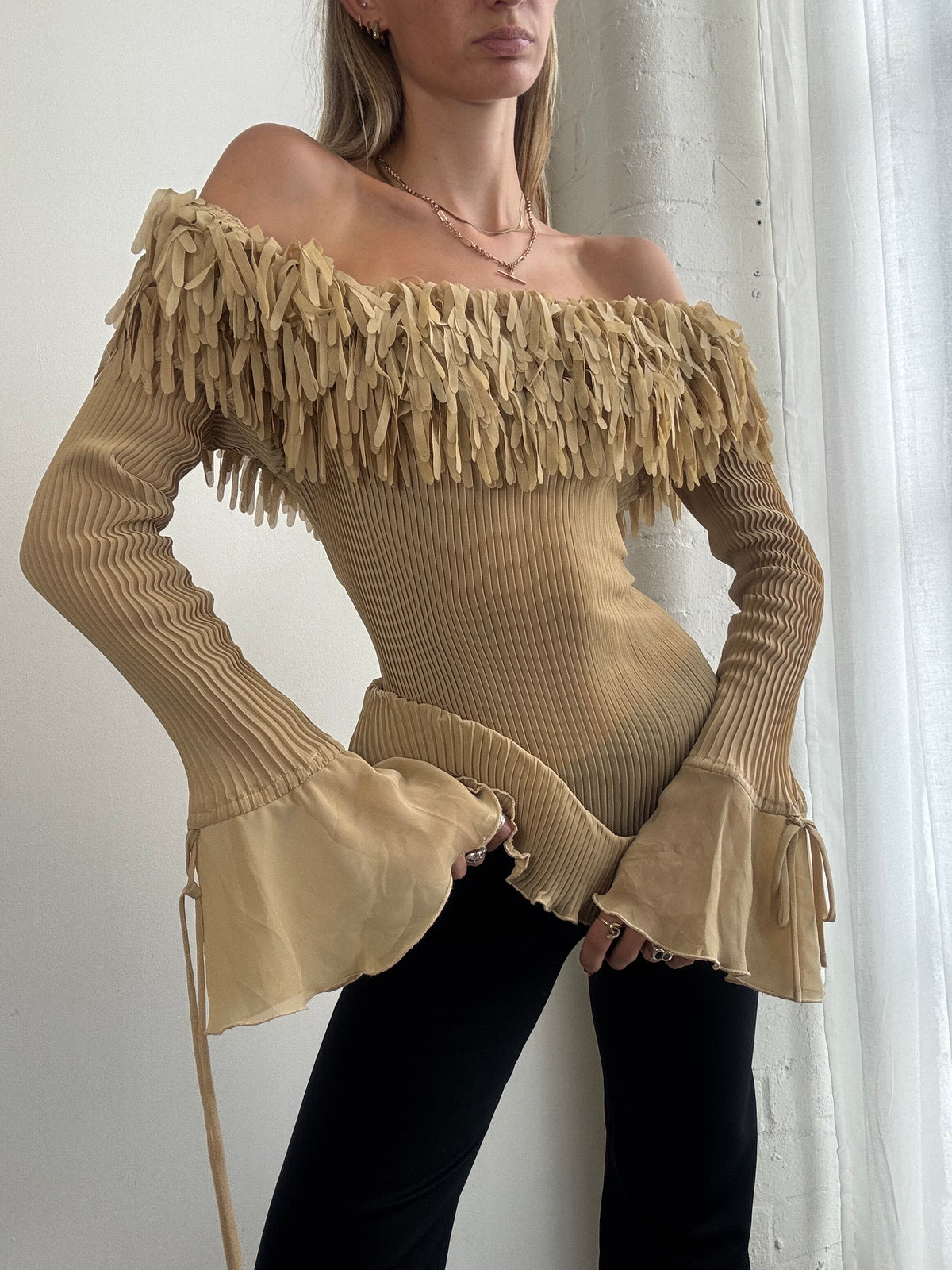 Vintage Y2K Beige Fringe Off Shoulder Bell Sleeve Mesh Top - Size L