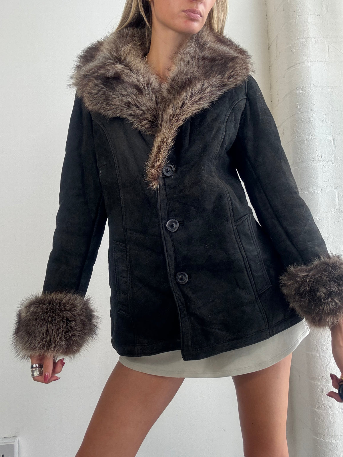 Vintage 90's Black Suede Fur Trim Afghan Jacket - Size S/M