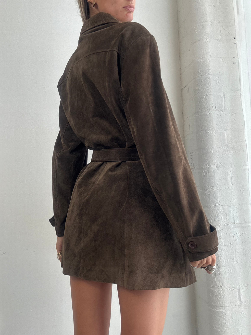 Vintage 90's Chocolate Brown Suede Belted Jacket - Size M