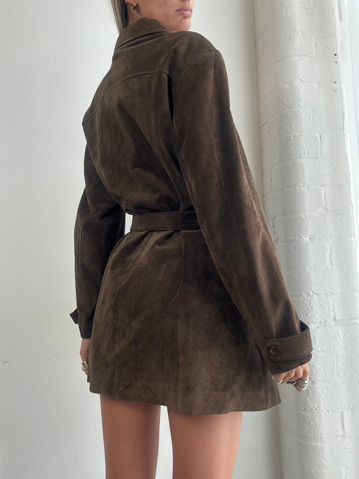 Vintage 90's Chocolate Brown Suede Belted Jacket - Size M