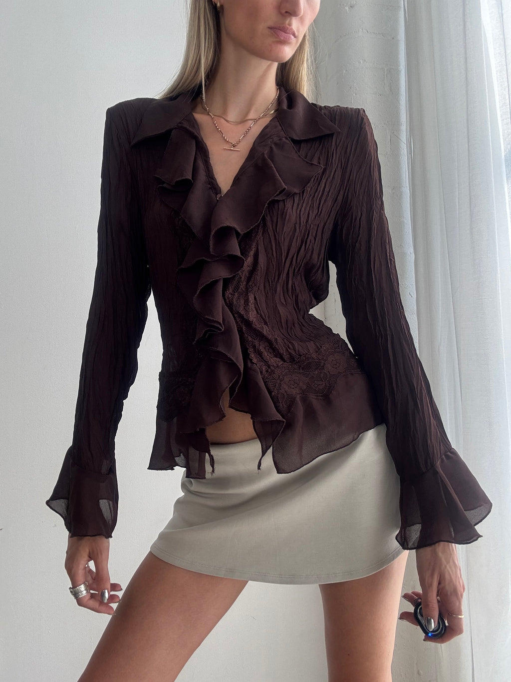 Vintage Y2K Chocolate Brown Ruffle Blouse – Sheer Crinkle Mesh Frill Top - Size L