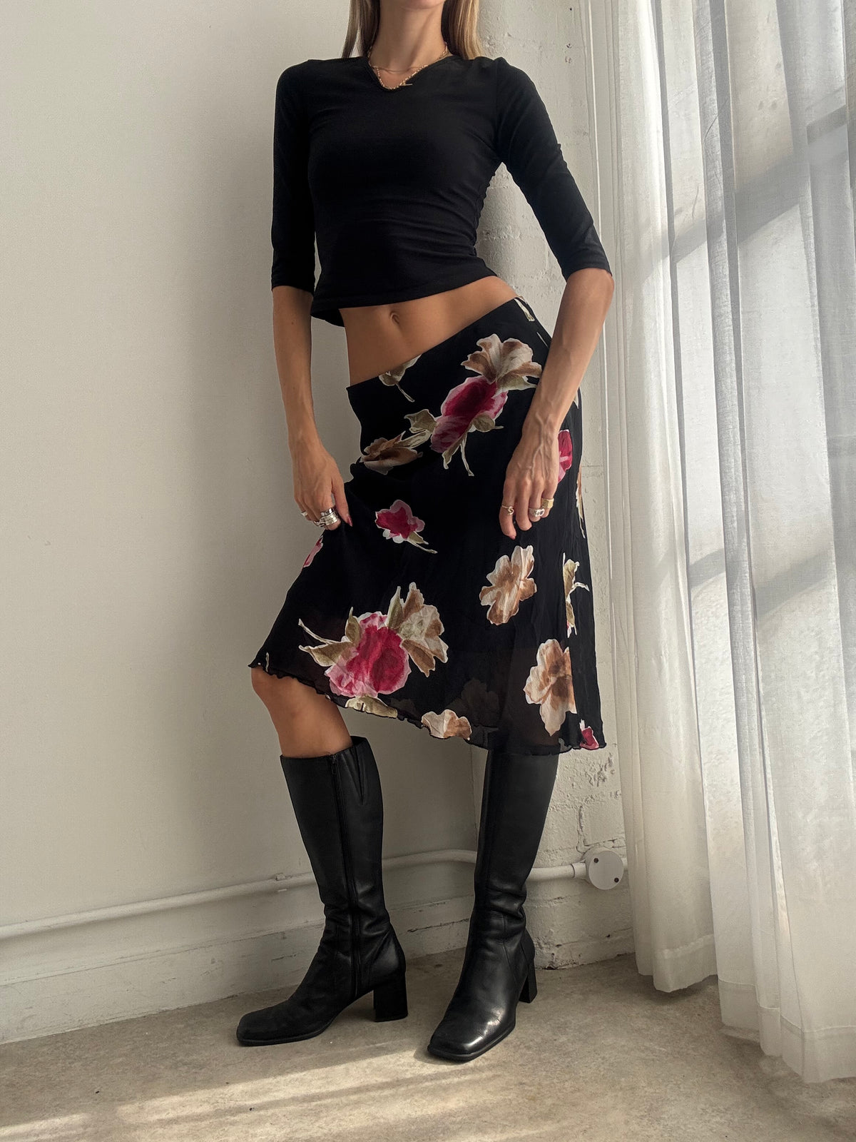 Vintage Y2K Black Floral Mesh Midi Skirt - Size S/M