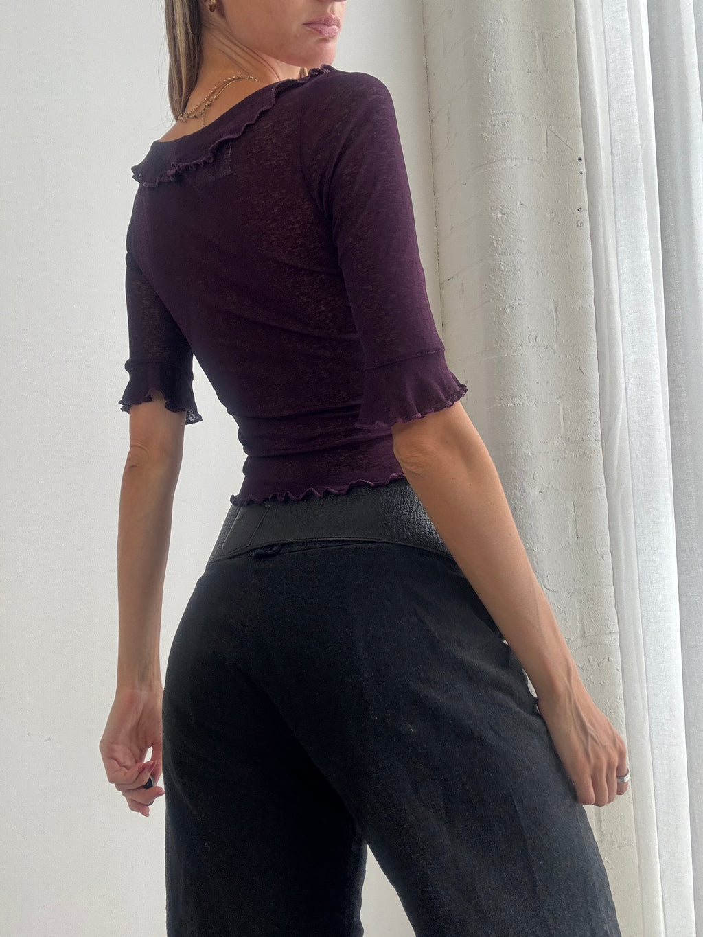 Vintage Y2K Plum Purple Ruffle Top – Size XS