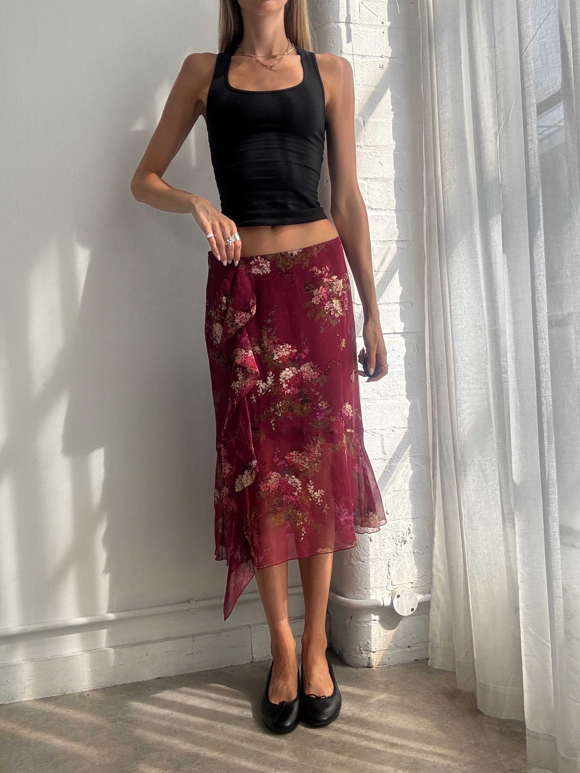 Vintage Y2K Burgundy 100% Silk Floral Asymmetric Midi Skirt - Size S
