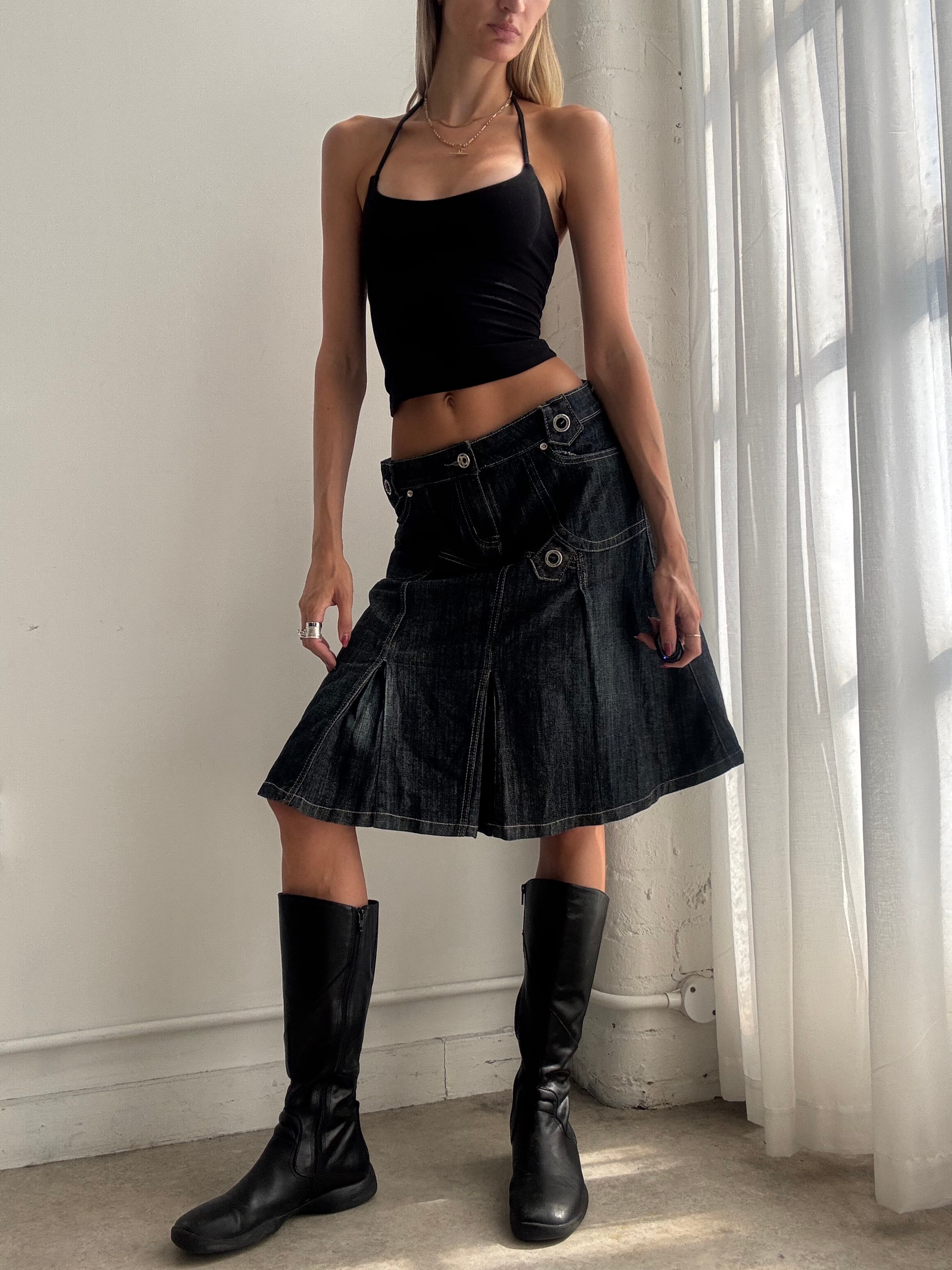 Vintage y2k Black Low Rise Denim Utility Midi Skirt - Size M
