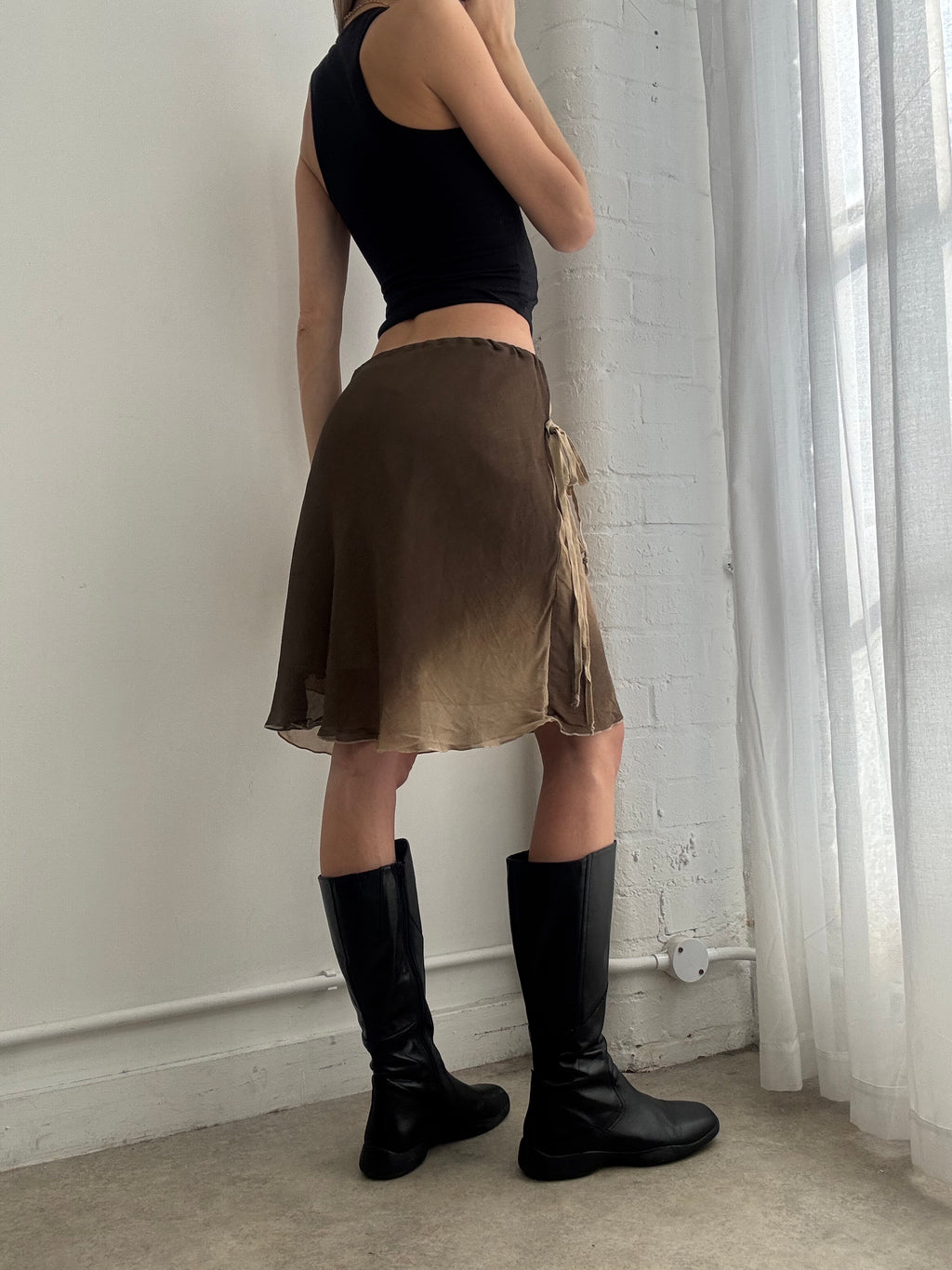 Vintage Y2K brown mesh tie side midi skirt