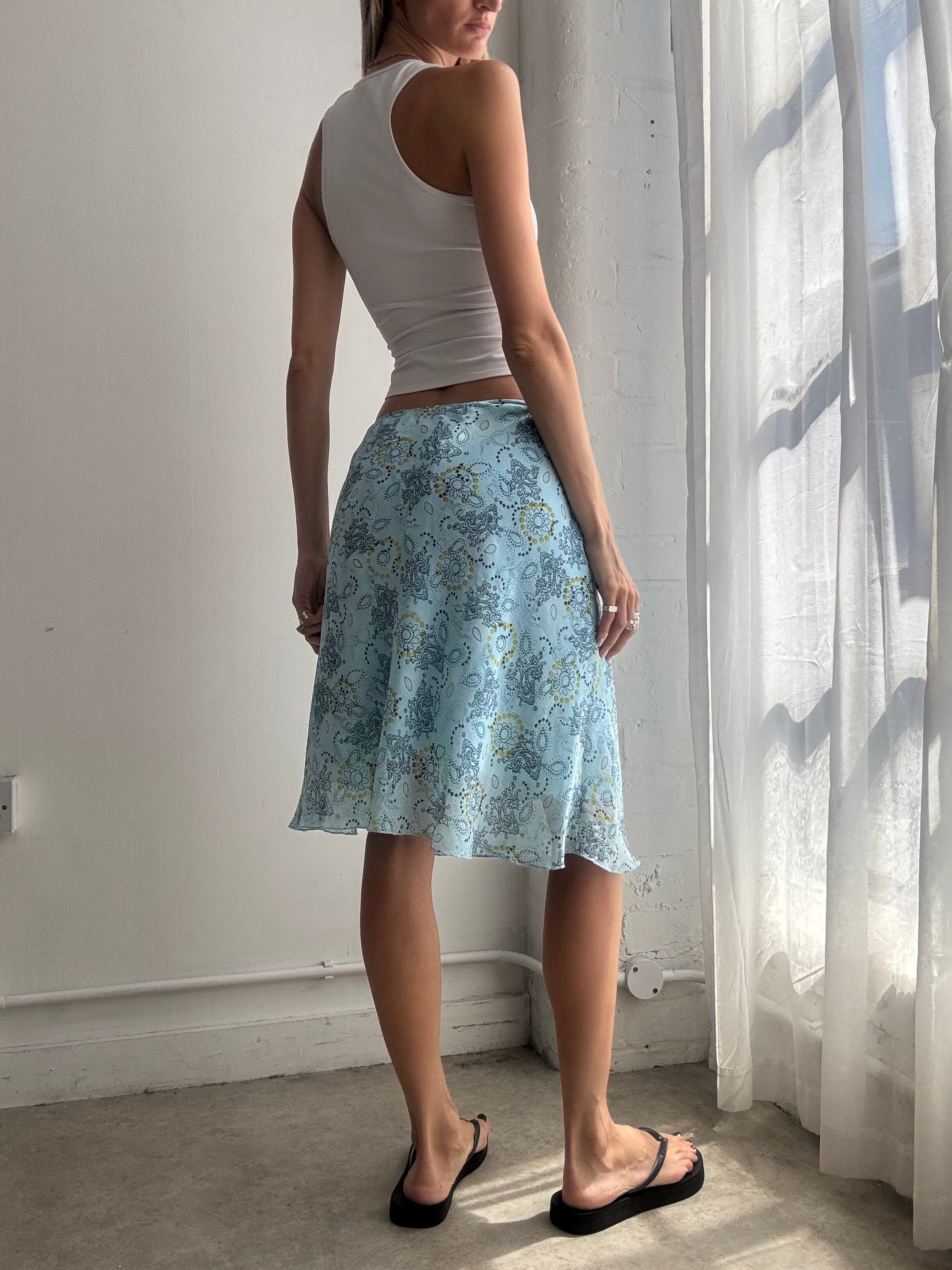 Vintage Blue Floral Mesh Midi Skirt Y2K - Size M
