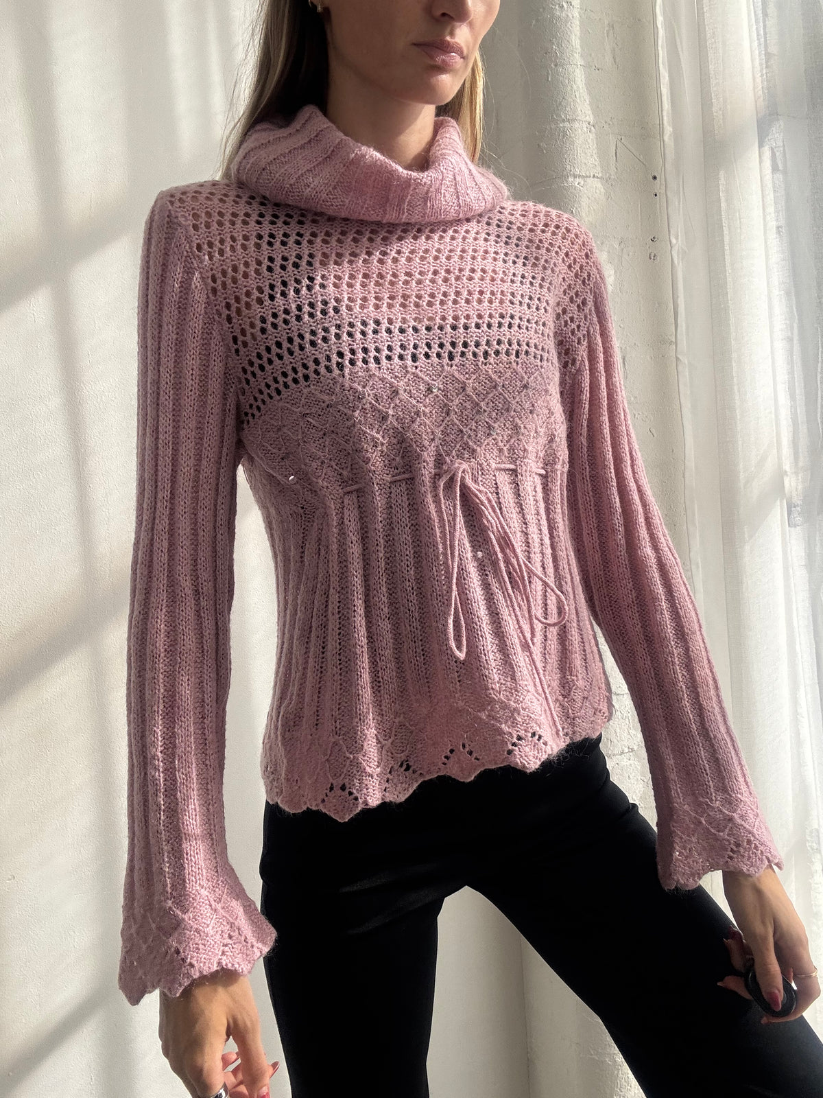 Vintage Y2K Morgan De Toi Dusty Pink Crochet Knit Bell Sleeve Top - Size S/M