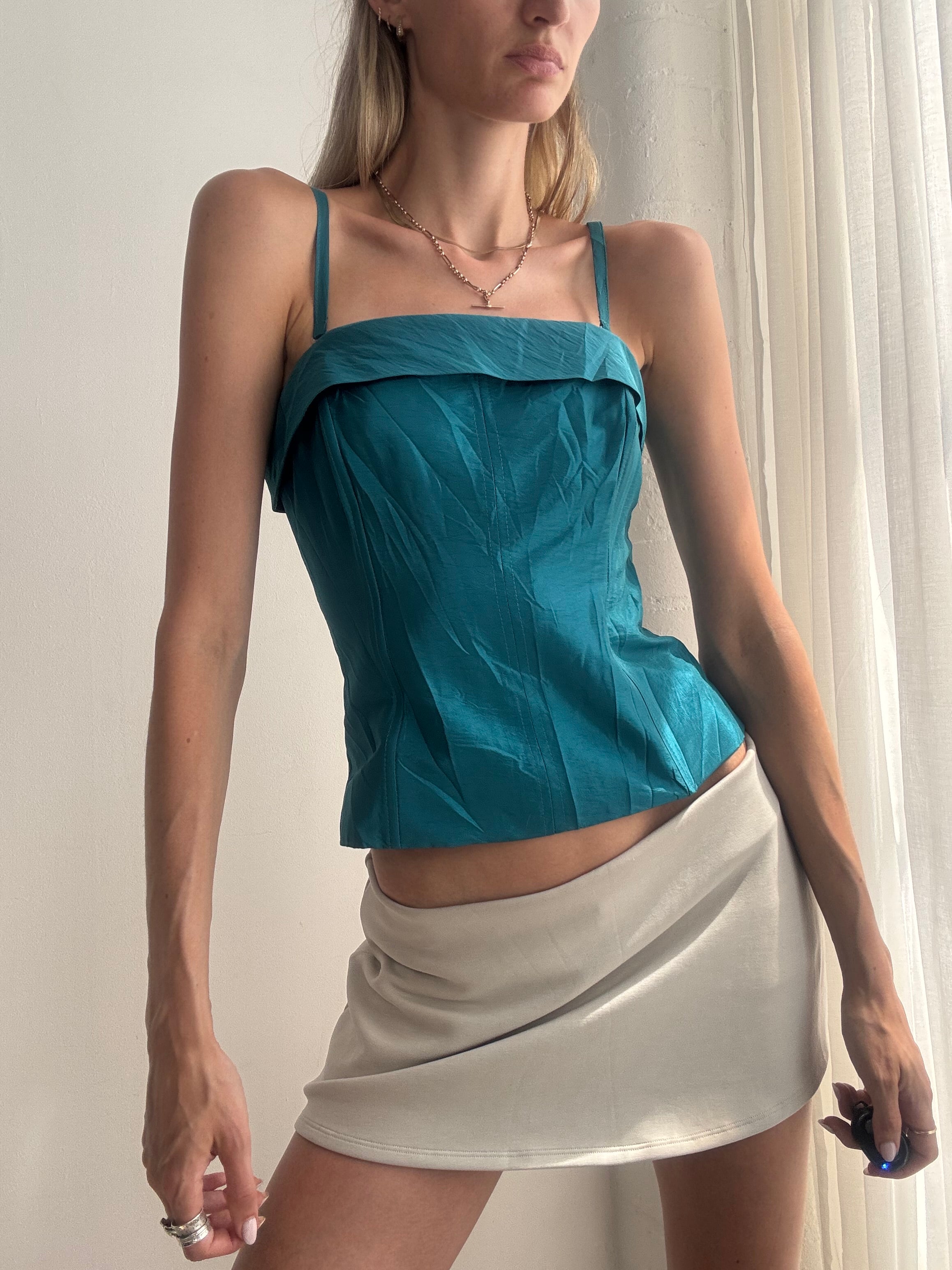 Vintage Y2K Teal Lace-Up Corset Cami Top - Size XS/S