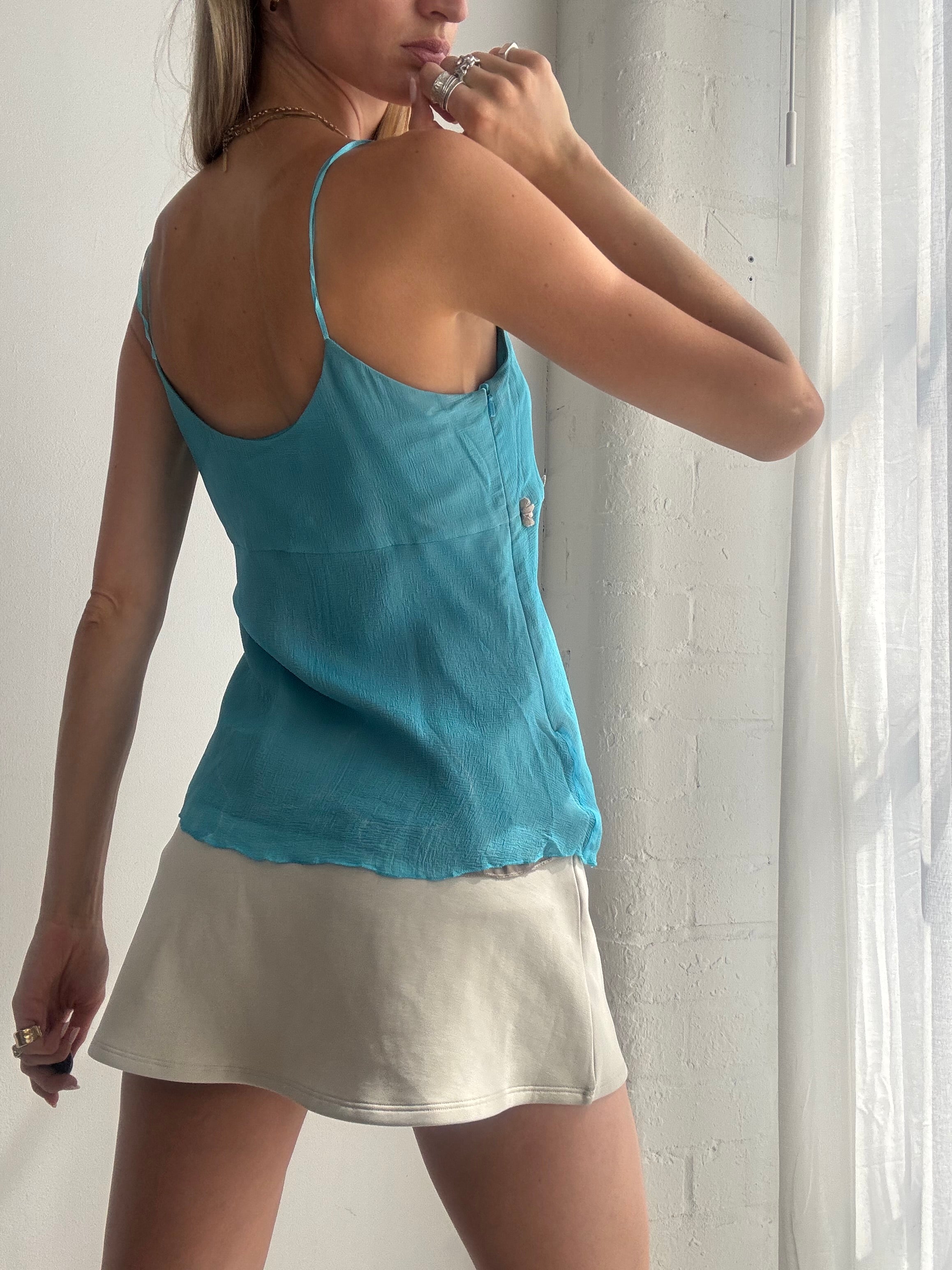 Vintage Y2K Turquoise Embellished Silk Cami Top Fairy Grunge Boho - Size XS/S