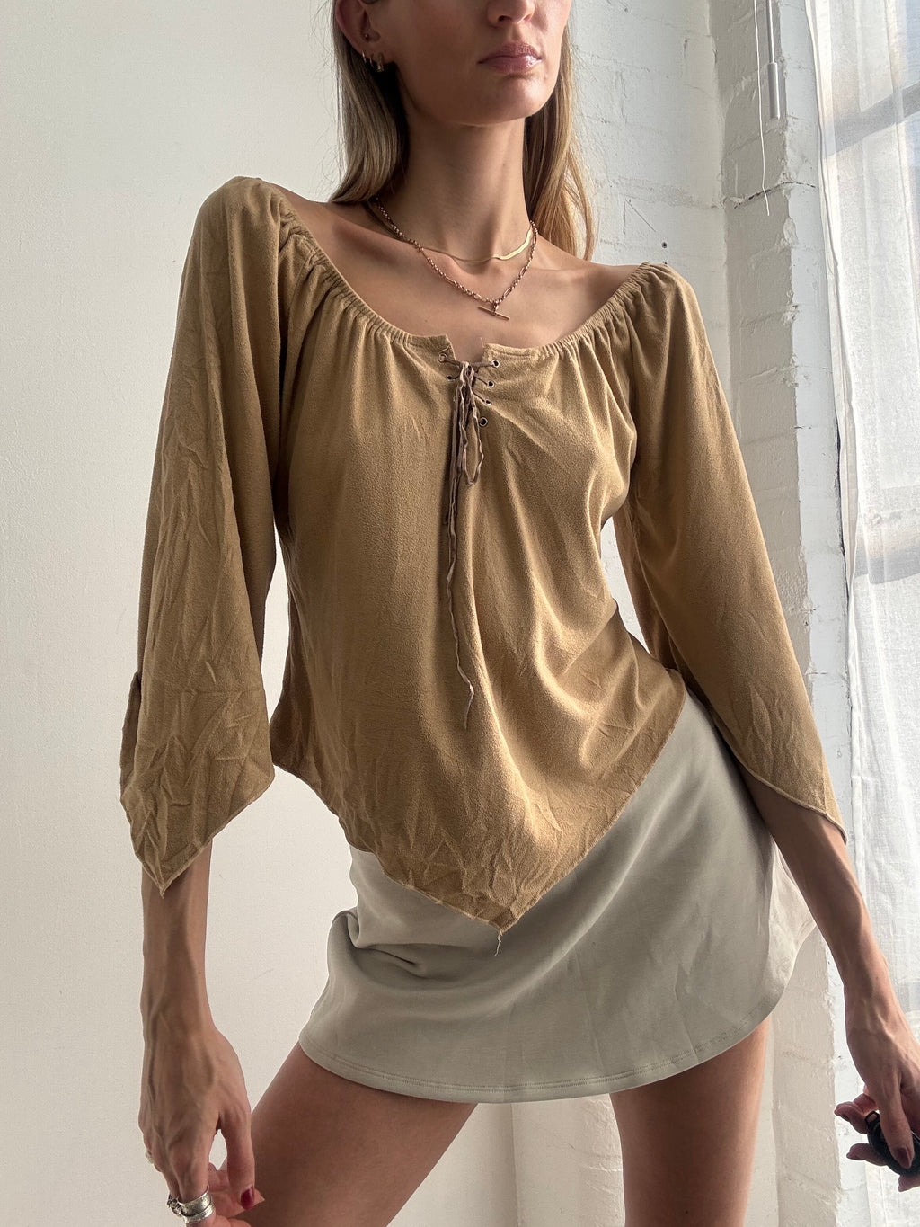 Vintage Y2k Faux Suede Asymmetric Top Boho