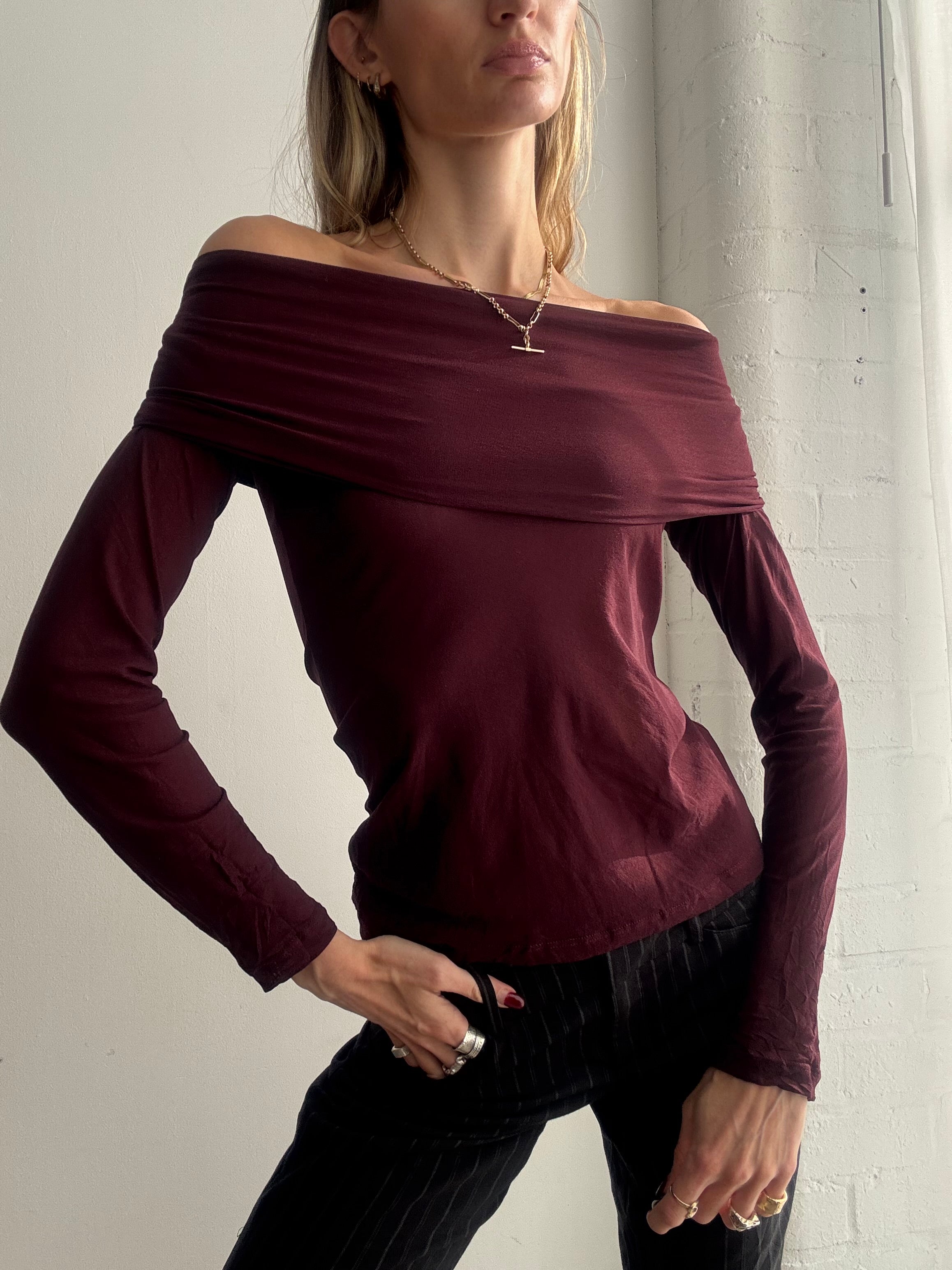 Vintage Y2K burgundy mesh off the shoulder long sleeve top